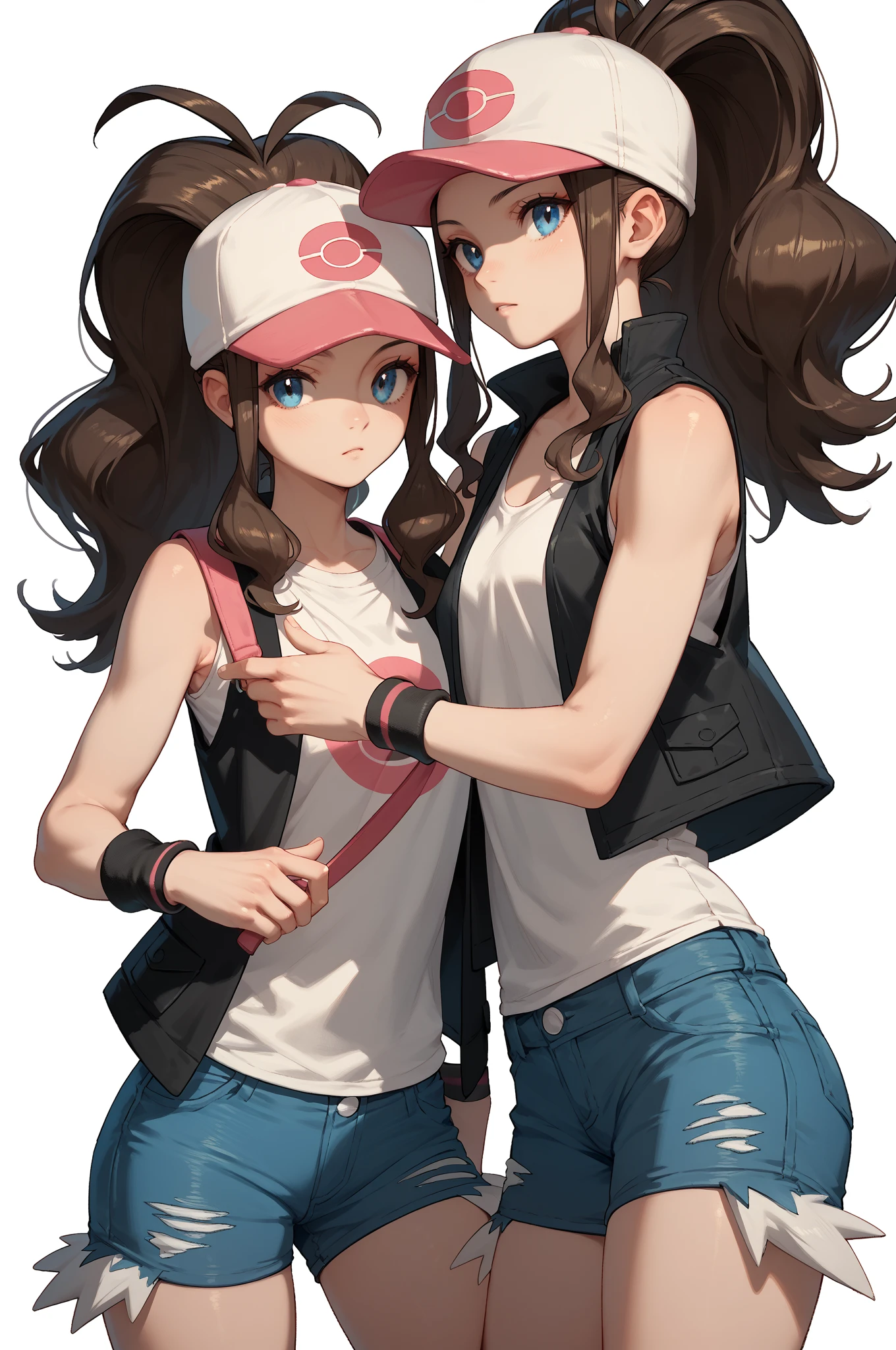 pokemon hilda, blue eyes, brown hair, long hair, ponytail, baseball cap, blue shorts, denim, hat, shorts, vest, wristband, sleeveless, black vest, white shirt,