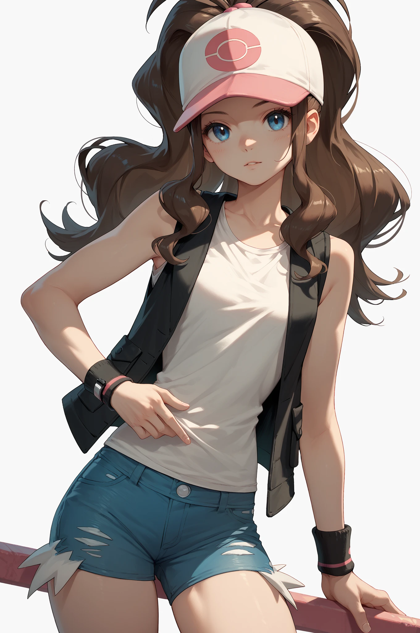 pokemon hilda, blue eyes, brown hair, long hair, ponytail, baseball cap, blue shorts, denim, hat, shorts, vest, wristband, sleeveless, black vest, white shirt,