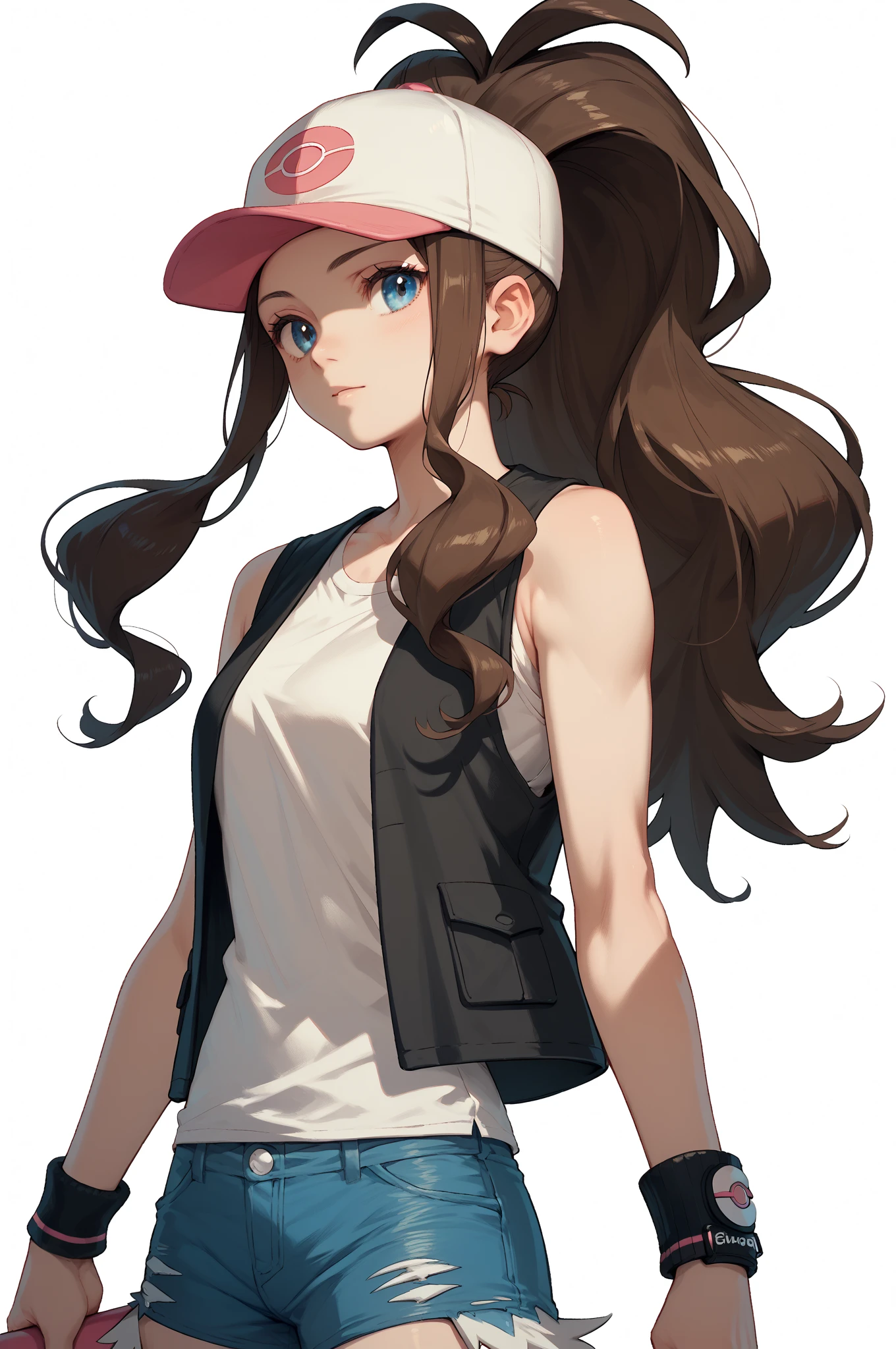 pokemon hilda, blue eyes, brown hair, long hair, ponytail, baseball cap, blue shorts, denim, hat, shorts, vest, wristband, sleeveless, black vest, white shirt,