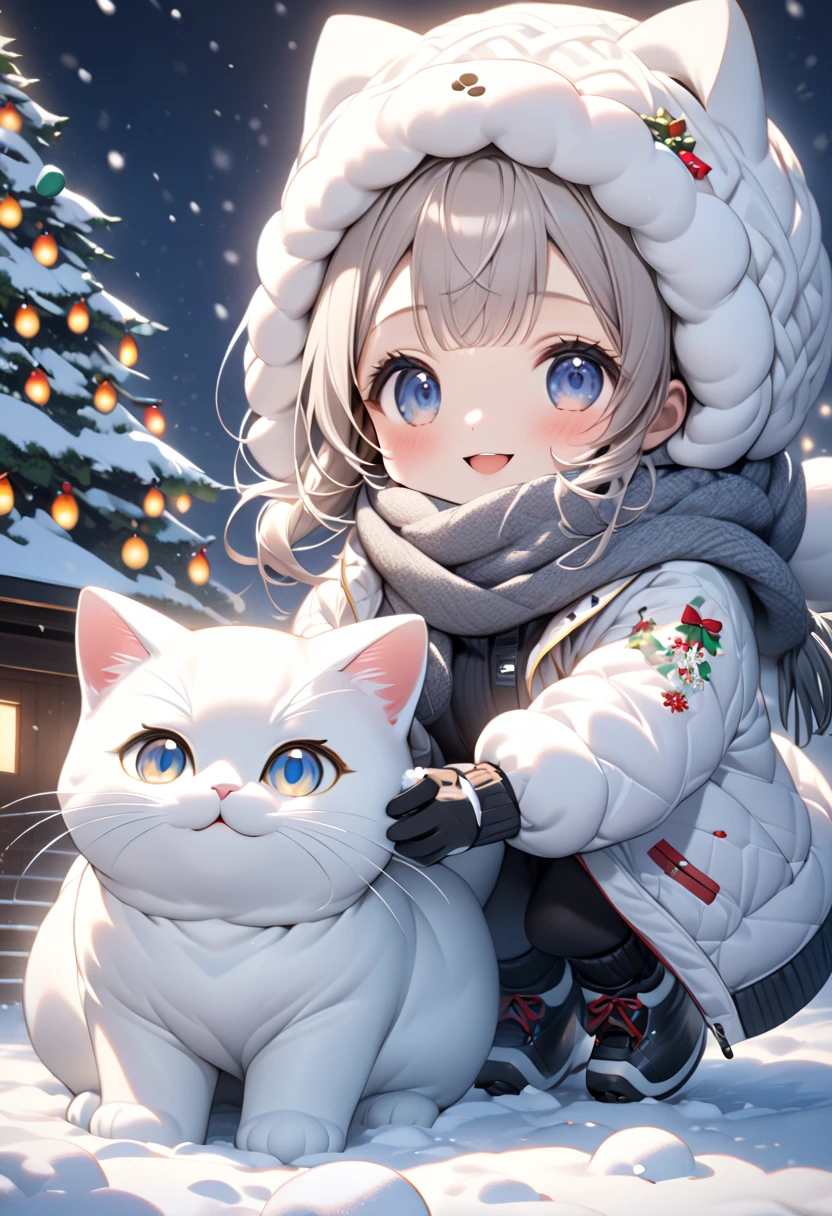 (masterpiece), (ultra-detailed, best quality, clear focus, dramatic scene, cinematic), shadow, (ultra-high resolution, 8k), perfect anatomy, perfect face, (detailed face), (detailed eye), (chibi), cute Japanese chibi girl, famous Japanese chibi idol, very beautiful and cute and cool face, (wearing an sporty winter clothing with scarf and gloves:1.2), knit cap, (large breasts), (She is enjoying playing the snow with her cat:1.3), in front of the gorgeous gate of her Japanese home, snow covered, deep snow, stormy, she is showing smile, dynamic angle, (There is a giant white cat statue with Christmas illumination:1.3), professional lighting, (detailed very cute fluffy giant black cat:1.3), they looks so happy, happy smile, (gorgeously decorated Christmas tree with shining Christmas lights),