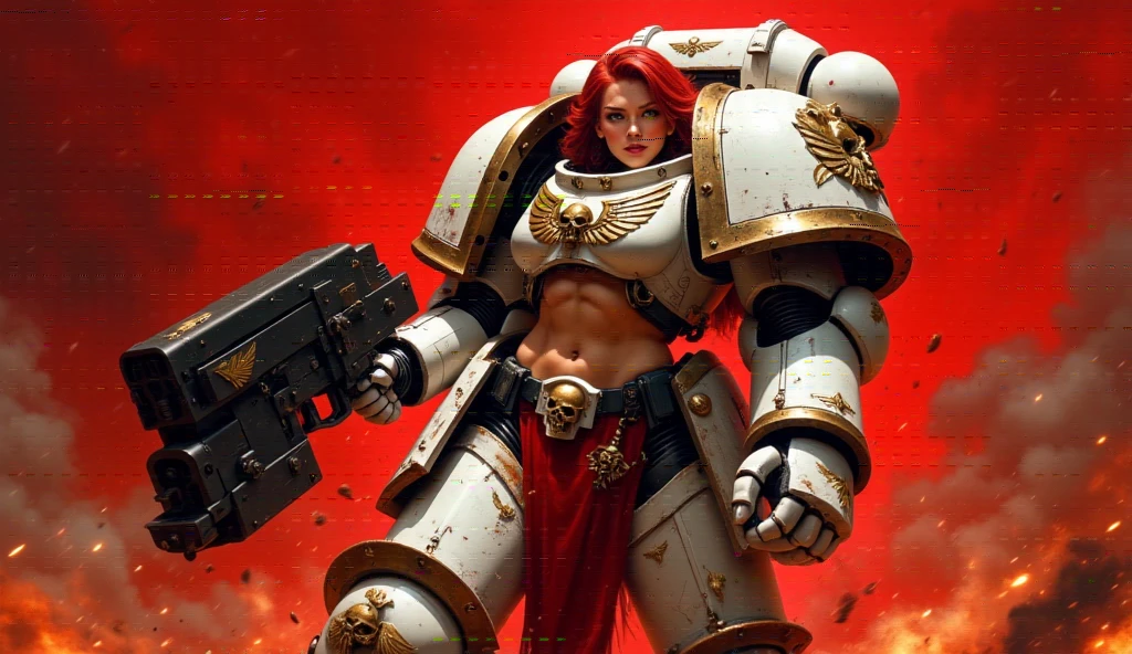 dynamic angle, from below, realistic, WhiteS40k female with huge bulky suit space marine holding a huge gun , shouting, red hair, armored in white and red, pelvic curtain, thighs, warhammer 40k, beautiful eyes, blush, looking at viewer, bright particles, darkness, bright red particles, red background fire