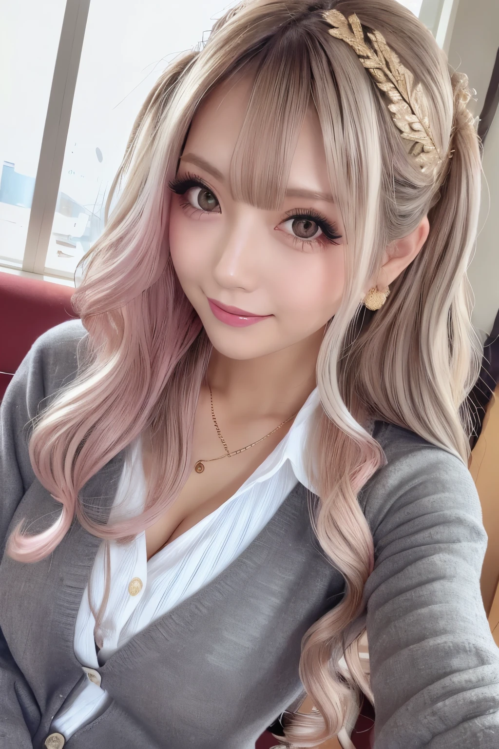 masterpiece, 8k, photo realistic , realistic , 非常に Details, super high resolution , ///1 person, most beautiful, 20 years old , ( sexy, Japanese idol ), (Gray Hair:1.2),/// human detail shiny skin , Detailsな肌 , Beautifully Details face, RAW photo, ( top quality, Details:1.3), top quality, (非常に Detailsな), ハイパー Details, (繊細で Detailsな), (複雑な Details), (Cinematic Light, top quality Backlights), Clear lines, soft Light, mysterious in another dimension, Magic Looking , soft, curly hair 、 Slender, Candid Impressions of Girls , big, well-shaped breasts , beautiful skin, cleavage when lying down, whole body, perfect body,,, Particles of light, cute face, Japanese high school girls , , upper body photo, She narrowed her eyes、 looks at me while smiling shyly , 美しく Detailsな目の絵, (Droopy eyes:1.3), dark eyes, thin eyebrows, Draw eyelashes carefully, gal makeup, ( pink gold wavy hair , medium hair up to buttocks, Middle Part :1.3), ( hidden eyelid crease slightly to the side:1.3), Wearing a clean white button-up shirt., short pleated skirt with grey plaid, Angle taken from below, school classroom