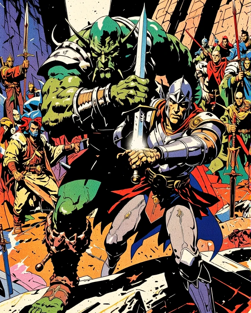 Art style by H. R. Giger, Art Style by Moebius, 


An epic clash between an Orc warrior and a human warrior, set in a rugged, mountainous battleground. The Orc, a towering figure with emerald skin, is adorned in crude, yet intricate, bone and metal armor. His menacing tusks and fiery eyes reflect the intensity of the battle, as he wields a massive, jagged warhammer, poised to strike. The human warrior, smaller but equally fierce, is clad in shimmering plate armor, the emblem of a noble kingdom emblazoned on his chest. His sword, gleaming with an enchanted aura, is held firmly in a two-handed grip as he parries the hammer's blow. Surrounding them, a sea of other combatants, a mix of Orcs and humans, are locked in their own fierce engagements, their weapons clanging and spells casting a colorful array of light across the grim sky. The ground is stained with blood and littered with the remnants of the fallen, while the air is thick with the acrid smell of war. The stark contrast of the Orc's brutish power and the human's disciplined skill is central to the composition, highlighting the unyielding spirit of both species amidst the chaos of a war-torn landscape. The dynamic motion of their duel draws the viewer's eye, with each muscle and weapon detail captured in vivid clarity, immersing them in the heart of the battle. The dramatic lighting casts long shadows and highlights the sweat and determination etched on the faces of the fighters, emphasizing the gravity of the confrontation and the fate that hangs in the balance.