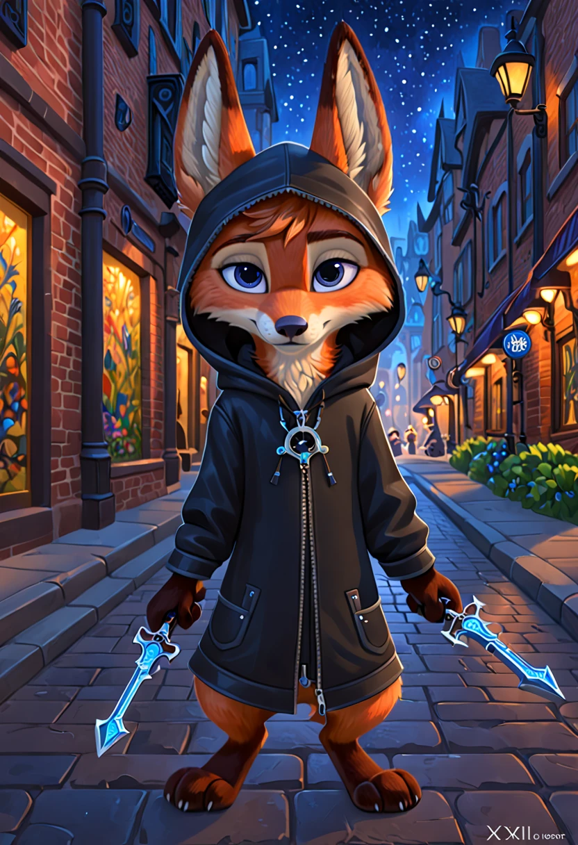  Nick, a young Zootopian fox, is 、I'm walking quietly through the streets of Zootopia at night 、 walking quietly through the streets of Zootopia at night wearing a shiny black hood 、 from the XIII engine。 holding a keyblade in the Kingdom Hearts world 。 High Quality Images 。Kingdom Hearts painting style 。