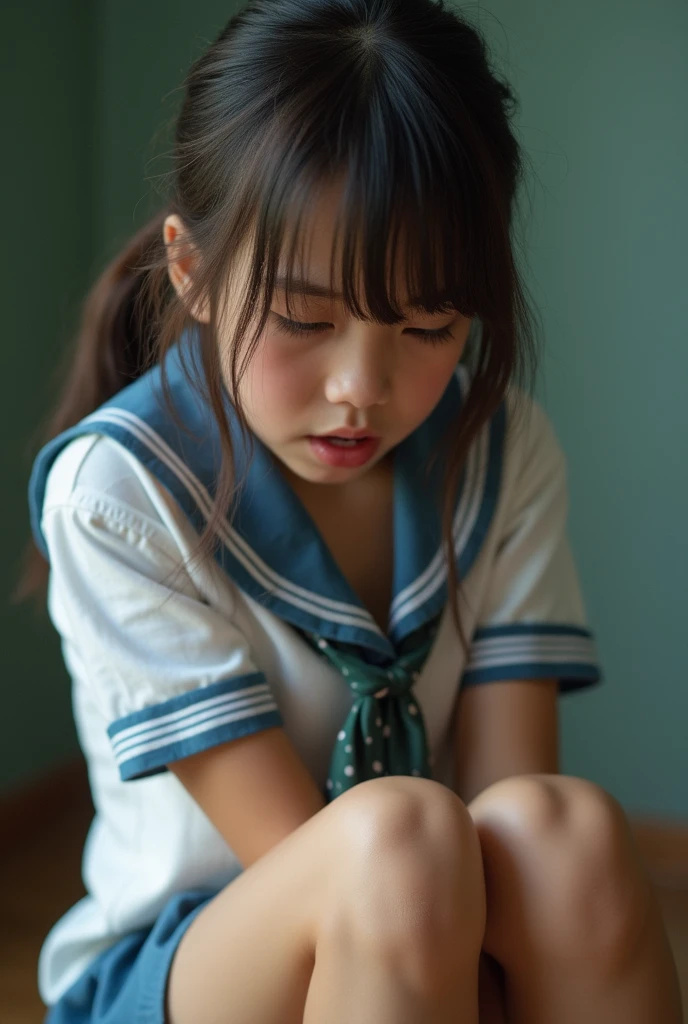 (RAW Photos, Highest quality), (Realistic, Realistic:1.3), masterpiece, Very delicate and beautiful, ((Soft Light)), ((Black-haired, , Bob, short hair, semi-long, Hairside lock)), Beautiful detailed girl, (Detailed fingers), Highly detailed eyes and face, Beautiful and detailed nose, Beautiful attention to detail, 1 girl, (Underarm, Under the glossy Underarm),  (Japanese junior high school girls, 18-year-old), Pure beauty, cute, young, ((small, skinny, smallヒップ, Beautiful legs, skinny legs skinny knee), ((white Thighs)), (Full Body Shot:1.2, Cowboy Shot), (View your audience), ((school uniform, navy, Blue and white checked pleated skirt)), ((Sailor suit, Red tie, Blue Skirt)), (Short sleeve uniform white shirt), (((Thighs, Thighs丈, pure white))), Surreal school girl, Wearing white panties, ((From above: 0.8)), ((classroom)), (Bokeh:1.2), 