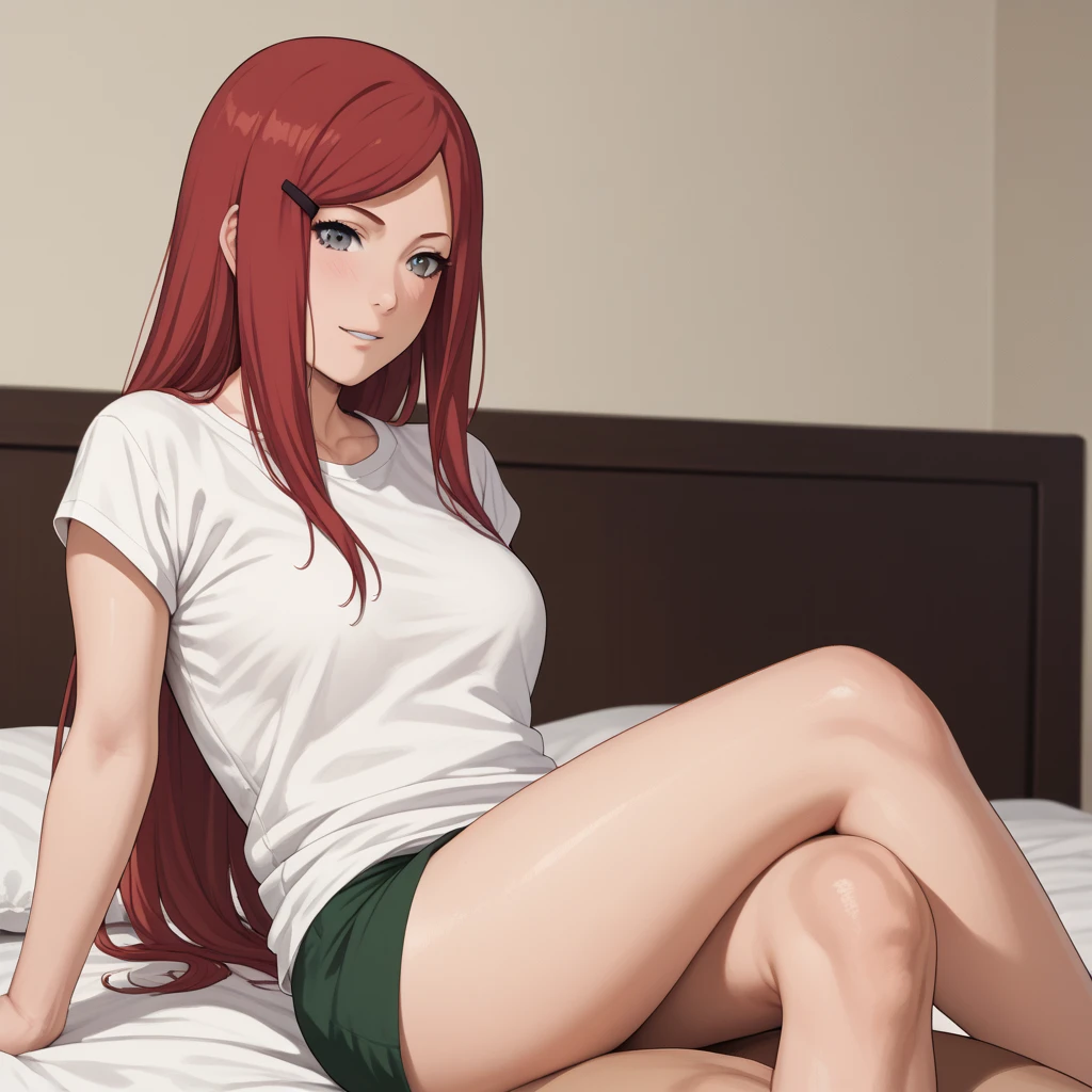 Kushina, 1girl, Uzumaki kushina, long hair, red hair, hair ornament, hairclip, gray eyes, short sleeves shirt, green minidress, bed, white shirt, perfect body, perfect Hips, beautiful legs, sexy legs. 1boy, bald_boy, size_difference, bigger male, smaller female, cheating, cuckold, ntr, sitting on person, 