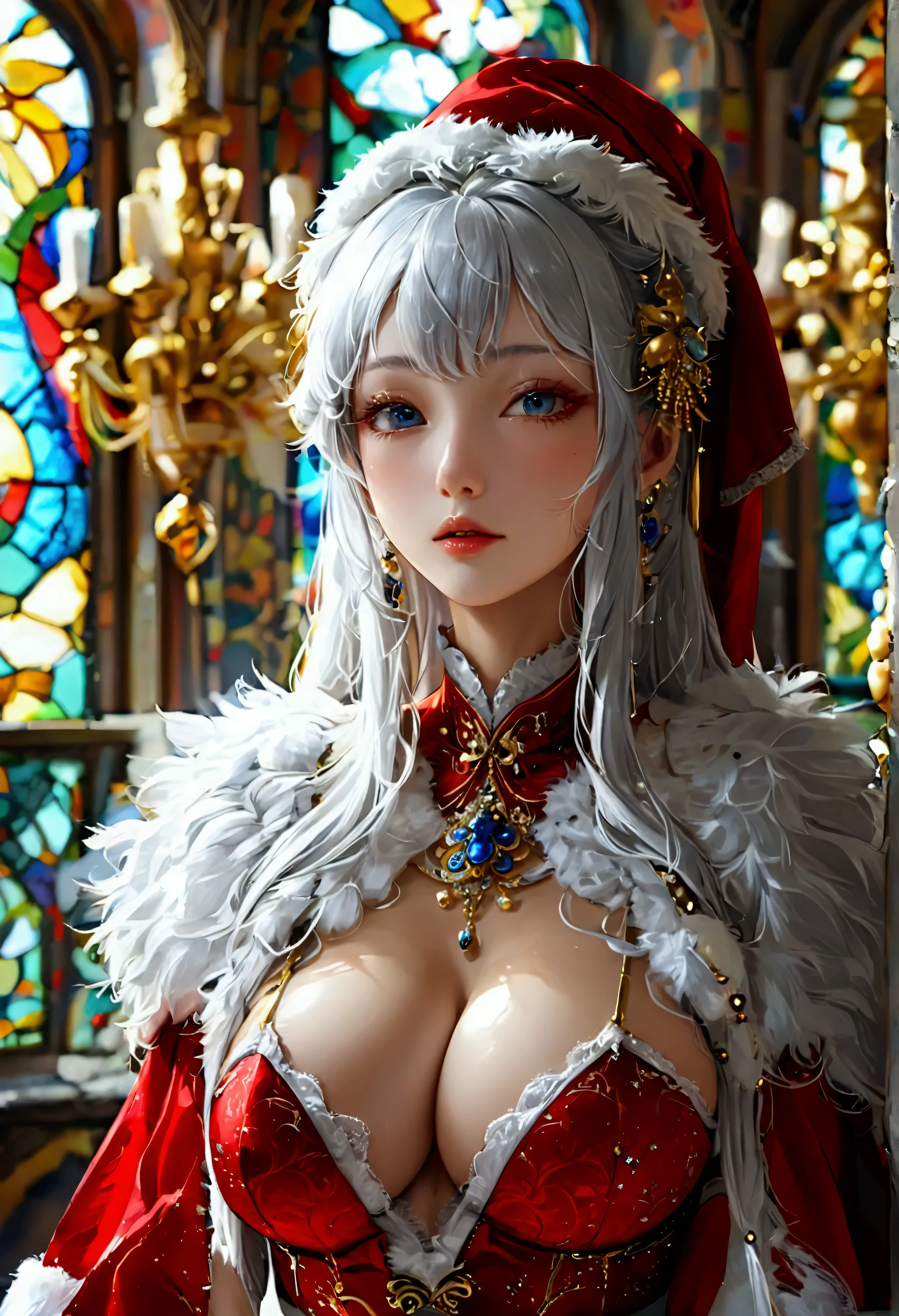 Highest quality, Super quality, 16K, Incredibly absurd, Very detailed, 2.5D, delicate and dynamic, palace, Stained glass, chandelier, Complex Light, , , , Small face, Extremely delicate facial expression, Delicate eye depiction, Extremely detailed hair, full body close-up, erotic, sole sexy Japanese lady, healthy slim body, 22 years old lady, emperor,  ((large breasts:1.2), (huge breasts:1.2), (Uplifted and well-defined bust:1.2), (lifted chest:1.2), (perky breasts :1.2),(deep cleavage:1.4),, white silver long hair, sexy long legs, Glowing Skin, Soft Skin, wearing a christmas costume, A complex costume, Costumes in complex colors, Are standing, 