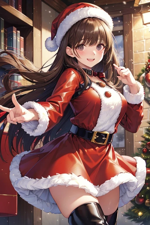 masterpiece, best quality, 1girl, <lora:tifa-xl-nvwls-v1-000005:0.9> xmasTifa, red eyes, low-tied long hair, santa hat, red capelet, fur trim, white turtleneck sweater, corset, fur-trimmed gloves, red skirt, fur-trimmed boots, snow, mistletoe, wreath, house, christmas lights, looking at viewer, smile, night sky, blizzard