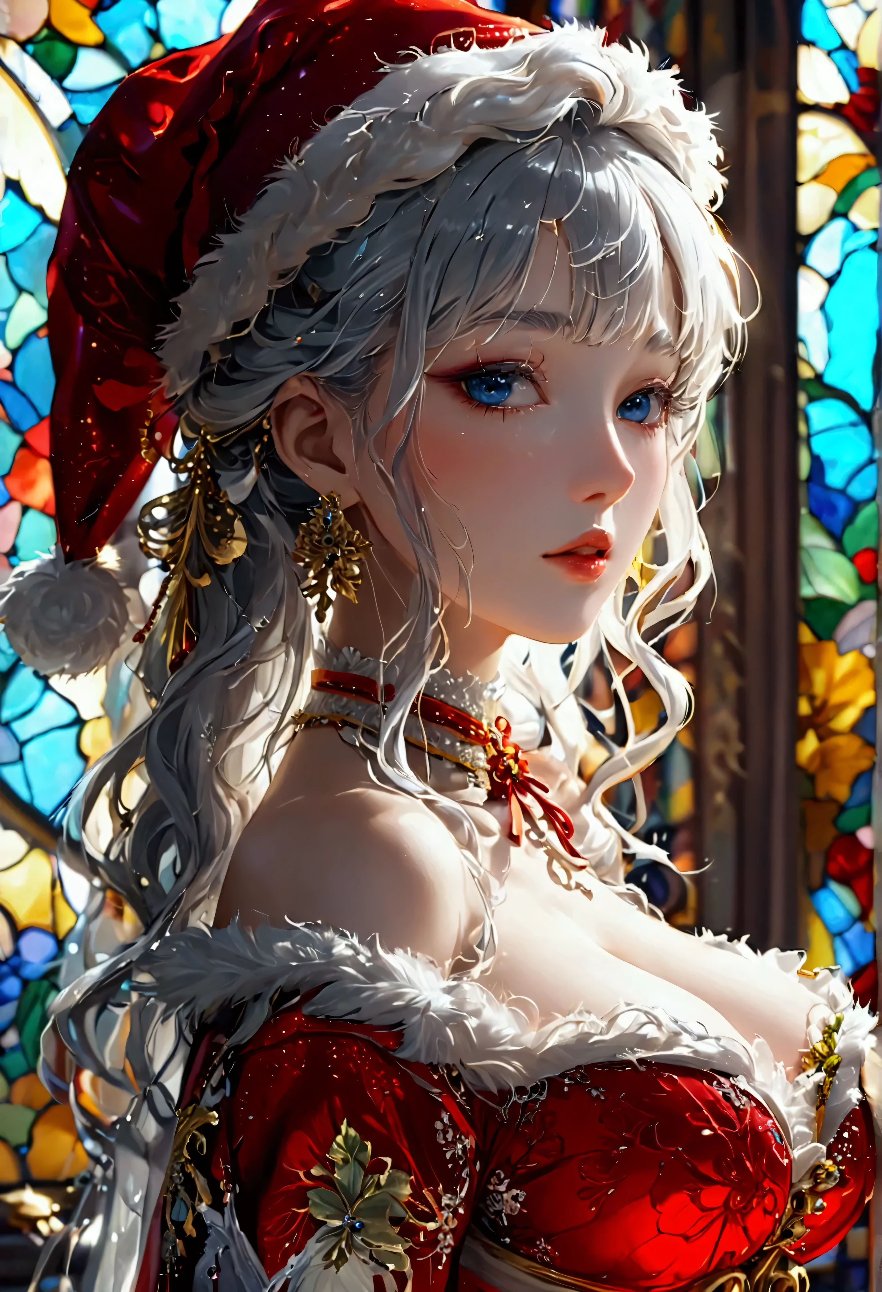 Highest quality, Super quality, 16K, Incredibly absurd, Very detailed, 2.5D, delicate and dynamic, palace, Stained glass, chandelier, Complex Light, , , , Small face, Extremely delicate facial expression, Delicate eye depiction, Extremely detailed hair, full body close-up, erotic, sole sexy Japanese lady, healthy slim body, 22 years old lady, emperor,  ((large breasts:1.2), (huge breasts:1.2), (Uplifted and well-defined bust:1.2), (lifted chest:1.2), (perky breasts :1.2),(deep cleavage:1.4),, white silver long hair, sexy long legs, Glowing Skin, Soft Skin, wearing a christmas costume, A complex costume, Costumes in complex colors, Are standing, 