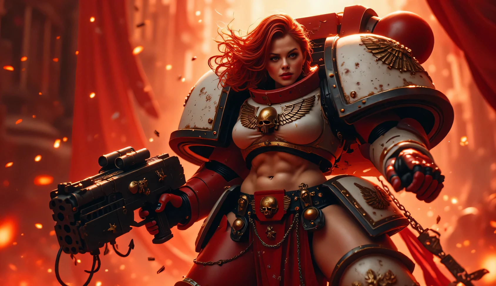 dynamic angle, from below, realistic, WhiteS40k female with huge bulky suit space marine holding a huge gun , shouting, red hair, armored in white and red, pelvic curtain, thighs, warhammer 40k, beautiful eyes, blush, looking at viewer, bright particles, darkness, bright red particles, red background fire