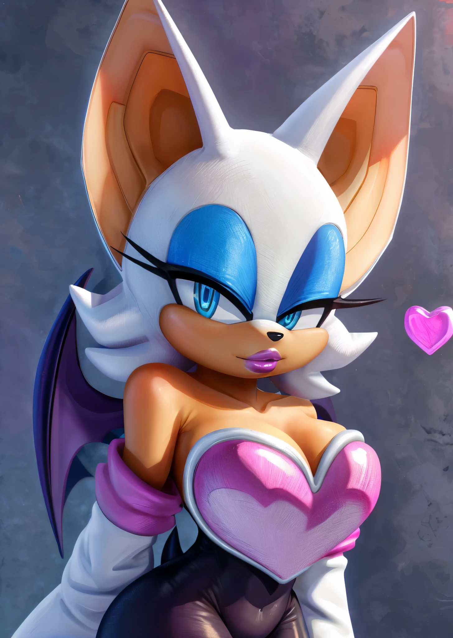 [Rouge the bat], [Uploaded to e621.net; (Pixelsketcher), (wamudraws), (napalm_express)], ((masterpiece)), ((HD)), ((furry)), ((solo portrait)), ((POV)), ((detailed fur)), ((detailed shading)), ((cel shading)), ((beautiful render art)), ((intricate details)), {anthro, (white fur), (orange skin), black nose, bat ears, cute blue eyes, (blue eyeshadow), short tail, (white fluid on face), (gorgeous hips), (beautiful legs), (smug smile), (tongue out)}, {(black spandex bodysuit), (pink heart on chest), (white gloves), (white knee-high boots), (heels)}, {(all fours), (on knees), (sitting on top of viewer), (looking up at viewer)}, [background; (museum), (ambient lighting)]