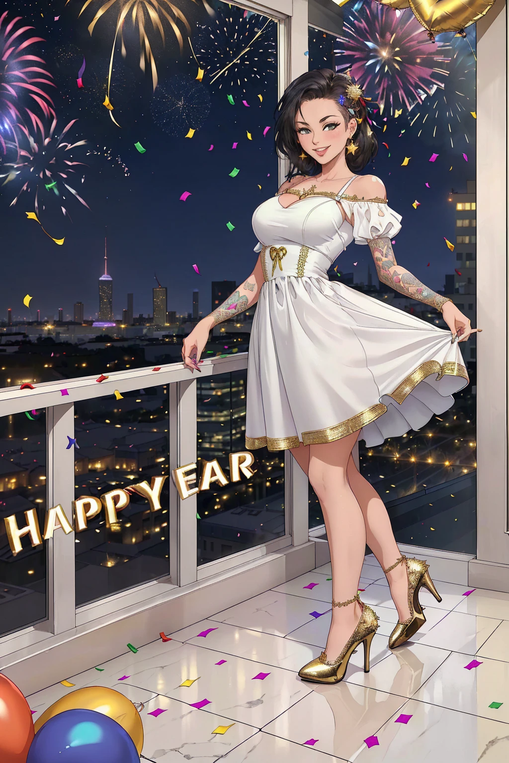 8k, ultra high definition, unreal engine, ultra detailed, ultra high resolution, ultra focus, beautiful voluptuous girl, black girl, round face, curvy body, short curly hair, dark skin, glasses, wearing a white long white african dress, in front of church, arm stretched towards the camera, 31st night, people in the background all wearing white, night sky, fireworks, detailed background, joyous occasion, new year celebration,
