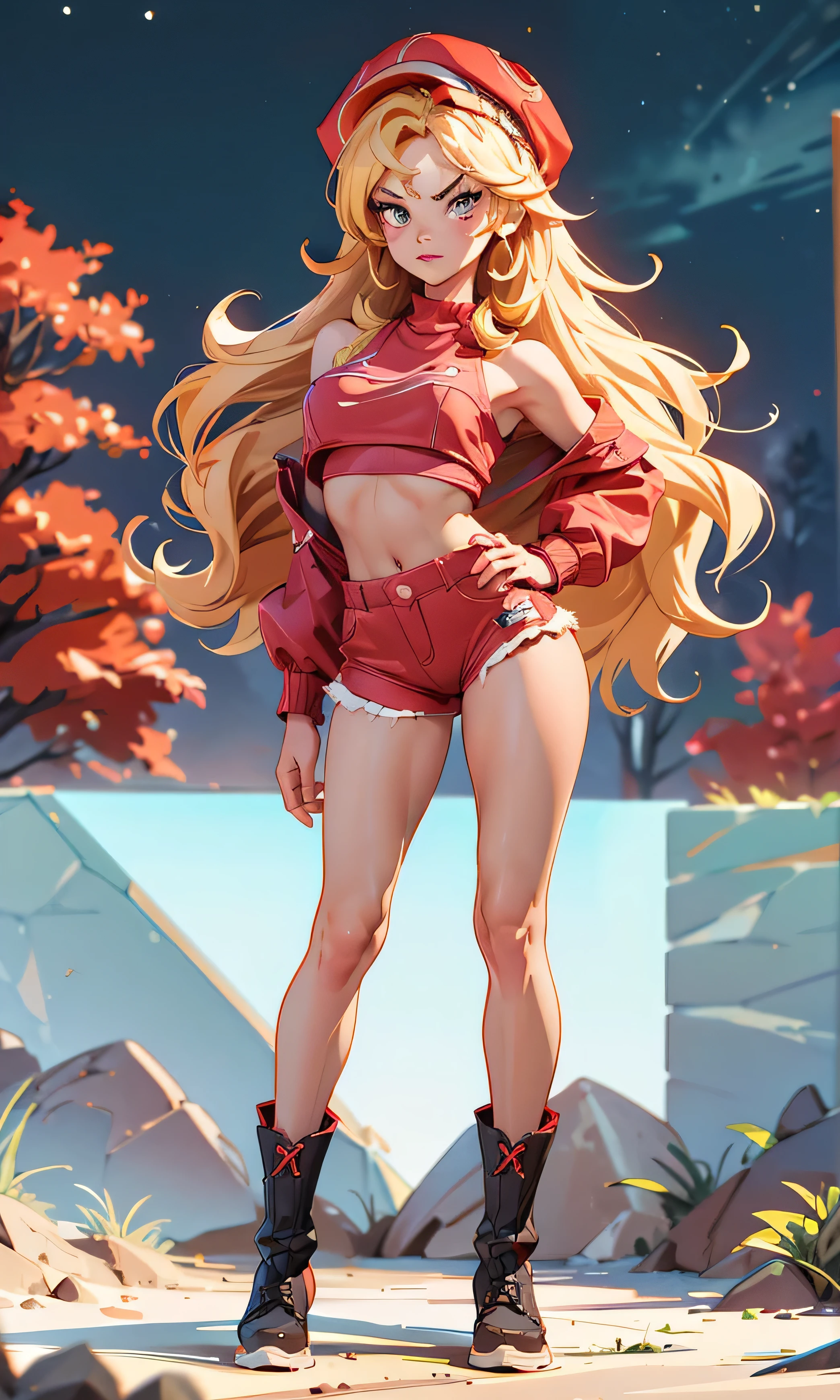 Masterpiece, 1 girl, beautiful, slim, head on, looking at the spectator, long hair, blond hair , brown eyes, arched eyebrows , Full body , pretty legs, abdomen plano, Kpop outfit , wool cap, Red micro top , Crop top, bare shoulders, neckline, Ripped top , red shorts, red winter boots, (((desnuda))), in the woods, dark sky, dry trees ,