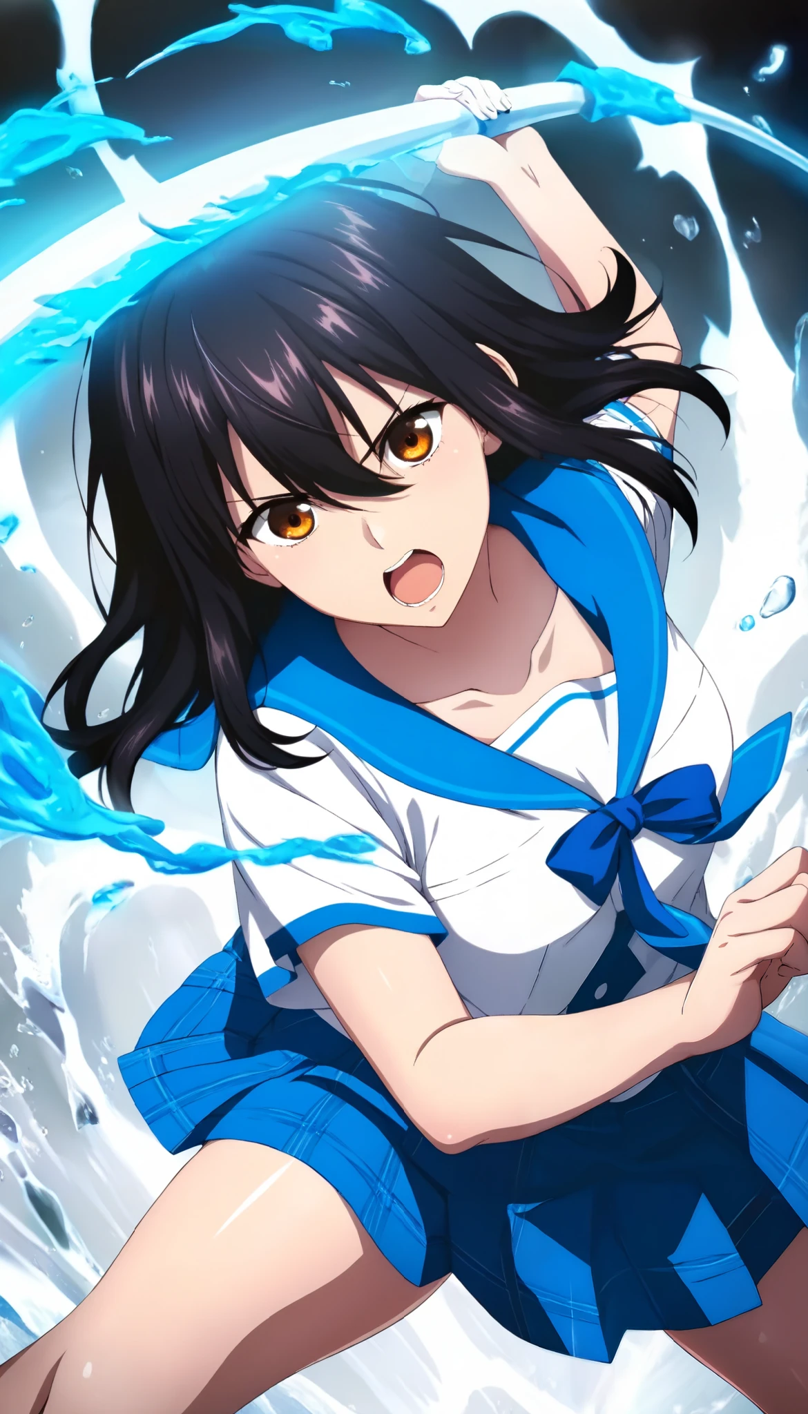 score_9, score_8_up, score_7_up, very aesthetic, source_anime, anime keyvisual, masterpiece, best quality, newest, 1girl, solo, shiny hair, shiny_skin,
simple background, water enveloping, blue aura, neolight, 
foreshortening, dutch angle, holding lance, dynamic pose, serious, open mouth, preparing to fight, fighting stance,
yukina, school uniform, serafuku, collarbone, short sleeves, blue miniskirt, pleated skirt,
beautiful legs, low-angle-view, looking at viewer, zPDXL