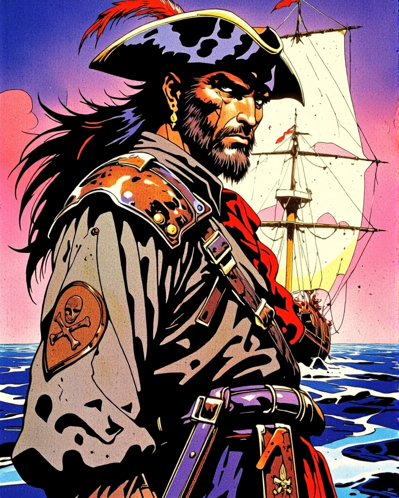 Art style by H. R. Giger, Art Style by Moebius, 


A male pirate, the epitome of marauding charm, decked out in meticulously crafted leather armor and pants that hug his muscular form. His gaze is unyielding as he looks directly at the viewer, a hint of a smirk playing upon his lips, as if sharing a secret from a world untouched by time. His attire is a masterpiece of intricate detailing, with embroidered patterns and tattered edges that tell tales of battles braved and treasures plundered. The pirate's hat, adorned with feathers and a gleaming skull-and-crossbones emblem, casts a shadow over his eyes, adding an air of mystery. Behind him, a grand pirate ship sails majestically through a sea that shimmers with an uncanny, vibrant realism. The surreal backdrop of the image features a horizon where the sky blends seamlessly into the water, creating a breathtaking panorama of impossible colors. The ship's sails, filled with an otherworldly wind, seem to be made of the very fabric of the sky itself. Every detail in the scene is rendered with ridiculous resolution, from the individual strands of his beard to the weathered boards of the deck. This captivating scene, reminiscent of the Pirates of the Caribbean franchise, exudes a sense of adventure and danger that is both alluring and eerily lifelike. The best quality of this digital artwork leaves the observer feeling as though they could reach out and touch the very essence of the high seas escapade unfolding before them. The vibrant color palette and high detail ensure that each element, from the pirate's gold earring to the distant silhouettes of sea monsters lurking beneath the waves, contributes to an overwhelming sense of immersion. This intricately detailed masterpiece captures the essence of the pirate's life with a flair that is both dramatic and alluring.