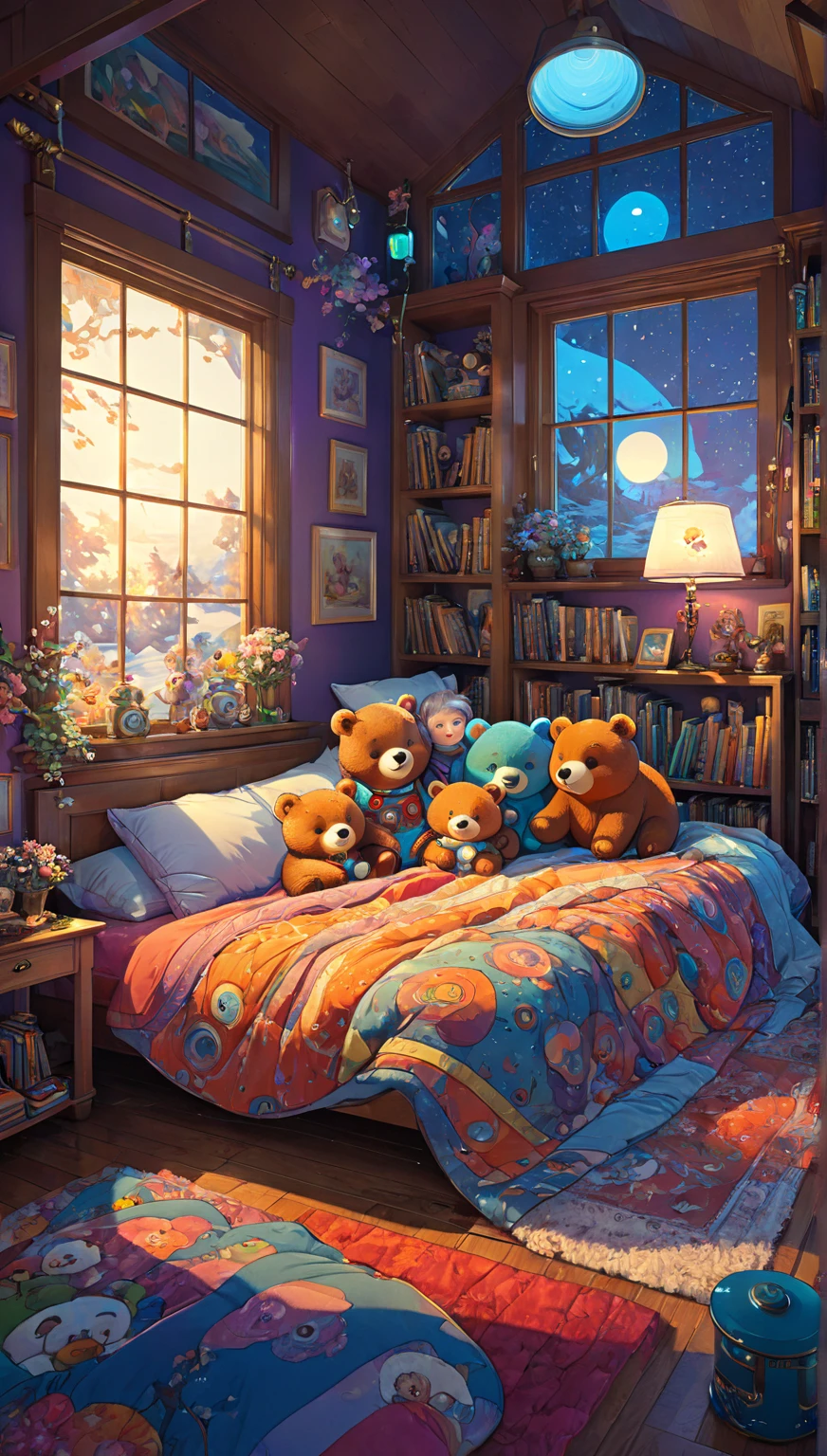 Cute Illustration, Bear Family: Animal:sleeping:cute:huddle together:sleep:Comfortable and warm:looks happy, Illustration, pop,colorful, draw thick lines,color,Dim,lamp light.: dream of happy dreams,The house is warm and full of happiness, color ful,exquisite, fantasy,patchwork:blanket,Details,fluffy,Randolph Caldecott style, unreal engine, greg rutkowski, loish, rhads, beeple, makoto shinkai and lois van baarle, ilya kuvshinov, rossdraws, tom bagshaw, alphonse mucha, global illumination, detailed and intricate environment