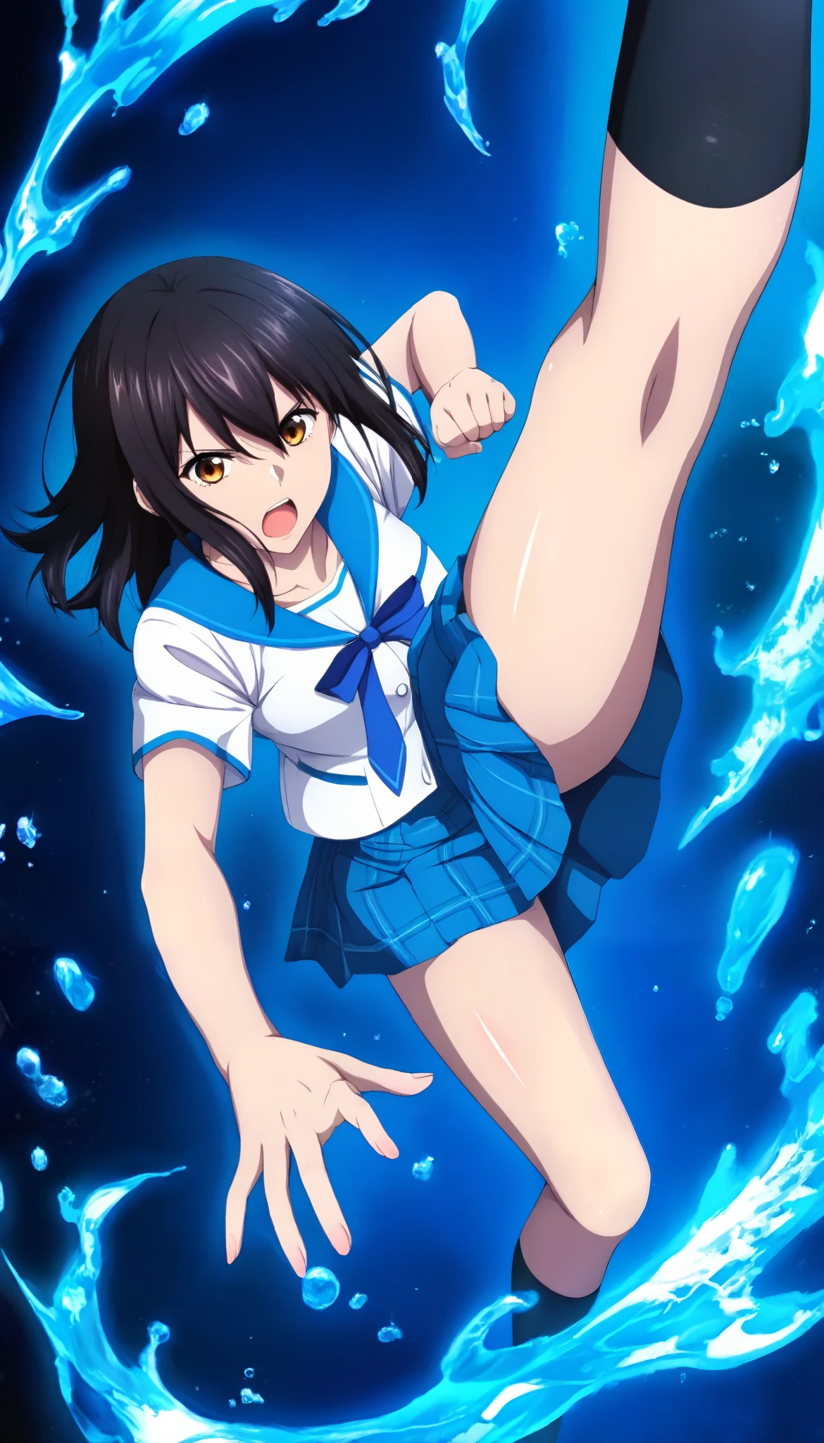 score_9, score_8_up, score_7_up, very aesthetic, source_anime, anime keyvisual, masterpiece, best quality, newest, 1girl, solo, shiny hair, shiny_skin,
simple background, water enveloping, blue aura, neolight, 
foreshortening, dutch angle, high kick, dynamic pose, serious, open mouth, preparing to fight, fighting stance,
yukina, school uniform, serafuku, collarbone, short sleeves, blue miniskirt, pleated skirt,
beautiful legs, low-angle-view, looking at viewer, zPDXL