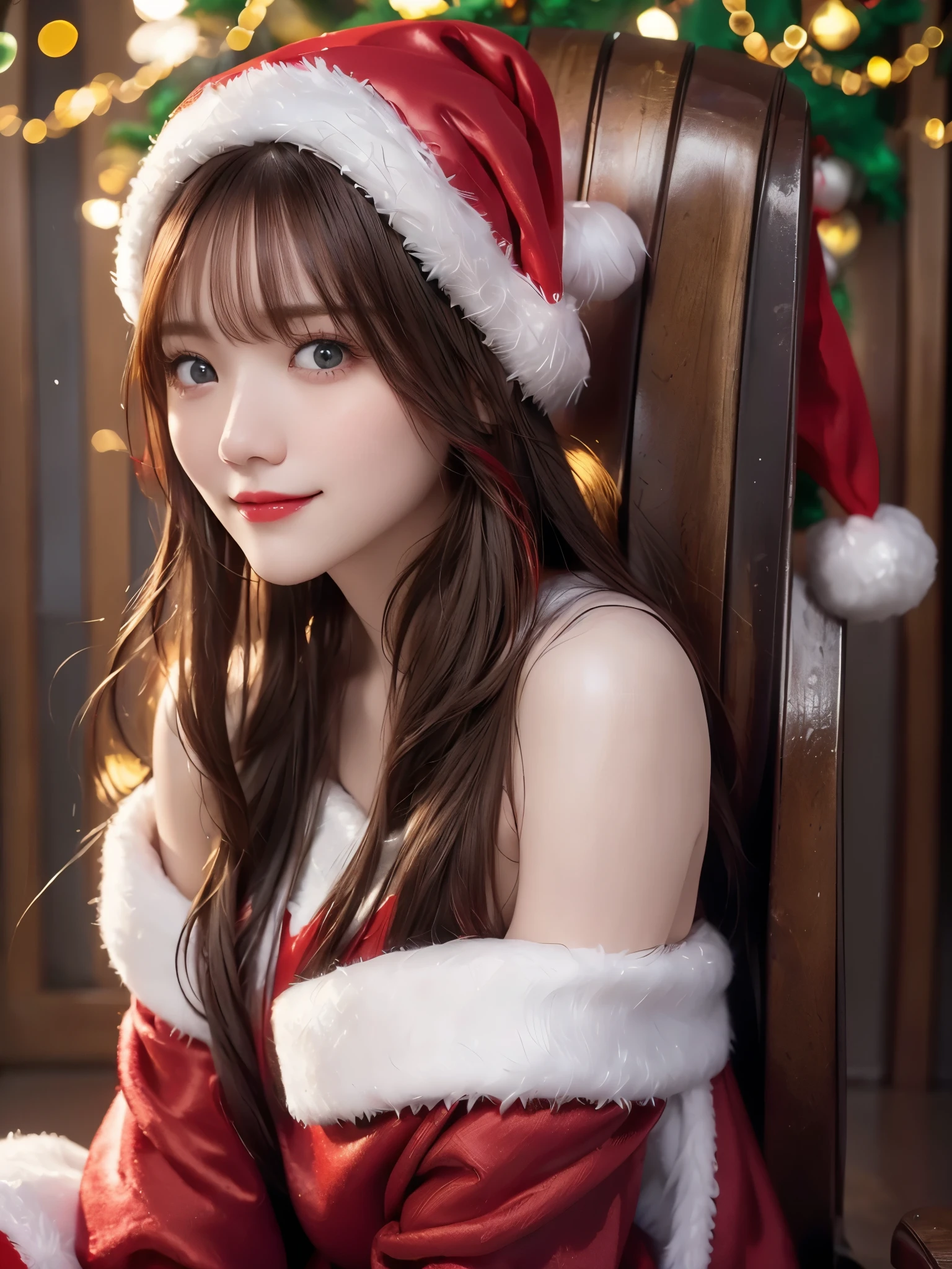  top quality、 super high resolution 、(Photographically: 1.4)、 beautiful eyes、 very beautiful in a chair 、 shiny hair 、Thin hair、 Merry Christmas 、 Christmas tree、smile、(( red Santa Claus costume 、Santa hat、Even bangs))