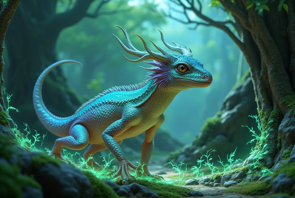 a majestic mythical creature with intricate scales and sharp spines, emerging from a lush and vibrant forest, surrounded by mist and ancient trees. The echidna's body is covered in shimmering golden and emerald scales, reflecting the sunlight and giving it a regal appearance. Its eyes are piercing and filled with wisdom, while its snout showcases intricate patterns and details. The echidna's long, slender tongue flickers out, tasting the air and adding a sense of curiosity to its presence. The creature's muscular body is partially concealed within the foliage, blending seamlessly with its surroundings. The forest is filled with an enchanting melody of birdsong and the soft rustling of leaves, adding to the mystical atmosphere. The colors of the scene are vibrant and saturated, with a harmonious blend of greens, golds, and earth tones. The light filters through the canopy, casting dappled patterns on the forest floor, creating a magical and ethereal ambiance. The prompt aims to bring forth the highest quality, ultra-detailed, and photorealistic image of the mythological echidna, showcasing every intricate detail of its scales, spines, and mesmerizing presence.