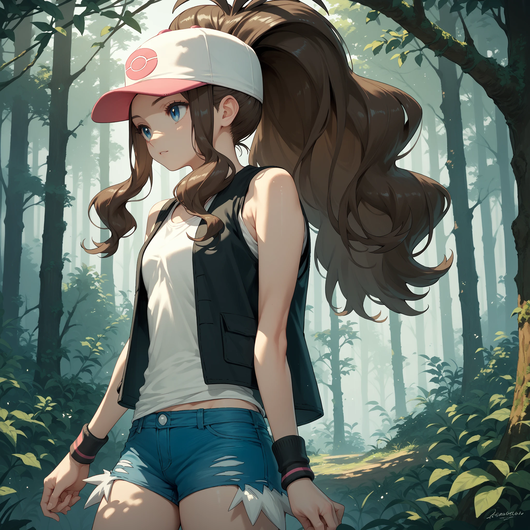 pokemon hilda, blue eyes, long brown hair, ponytail, baseball cap, blue short shorts, denim, wristband, sleeveless, black vest, white shirt, in the forest,