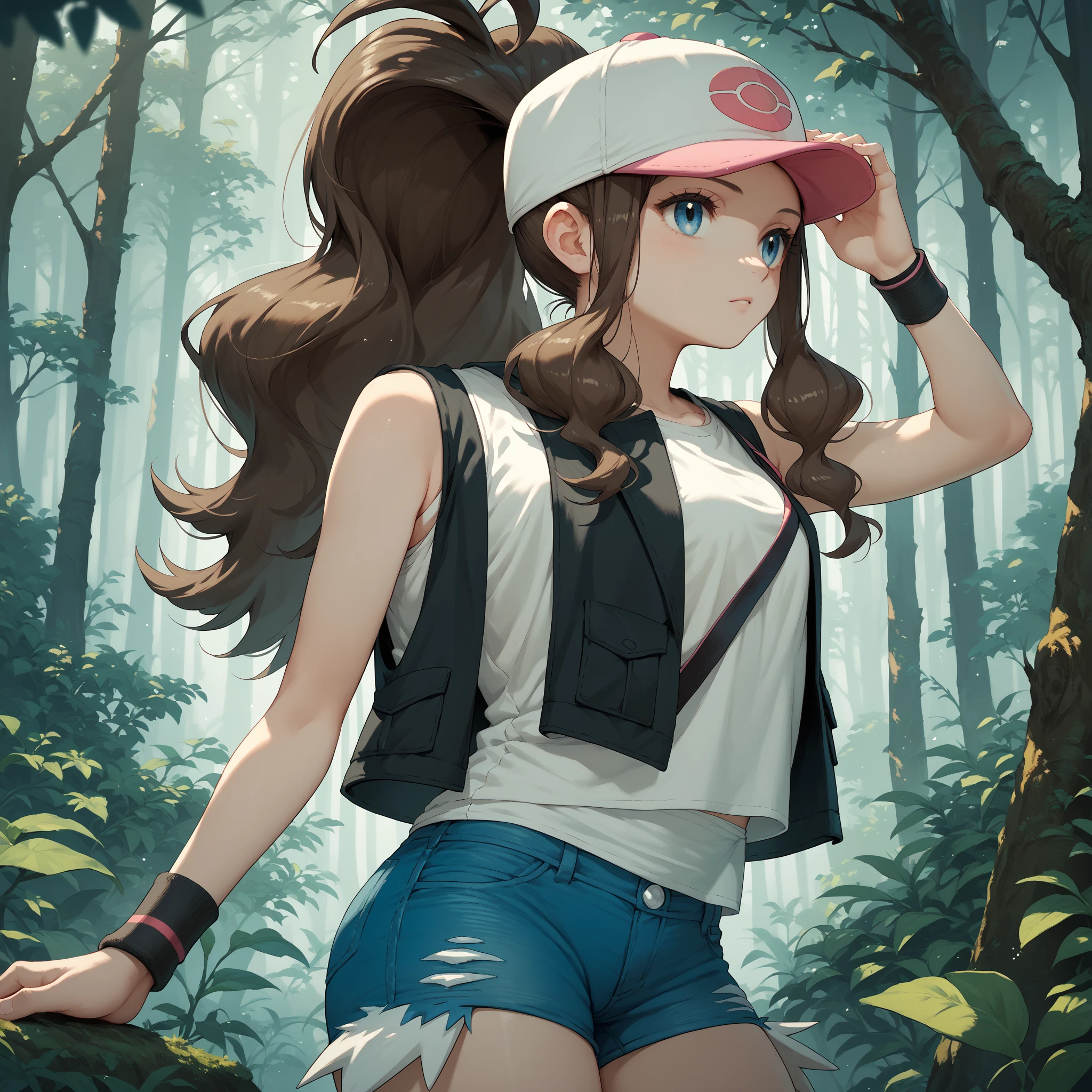 pokemon hilda, blue eyes, long brown hair, ponytail, baseball cap, blue short shorts, denim, wristband, sleeveless, black vest, white shirt, in the forest,