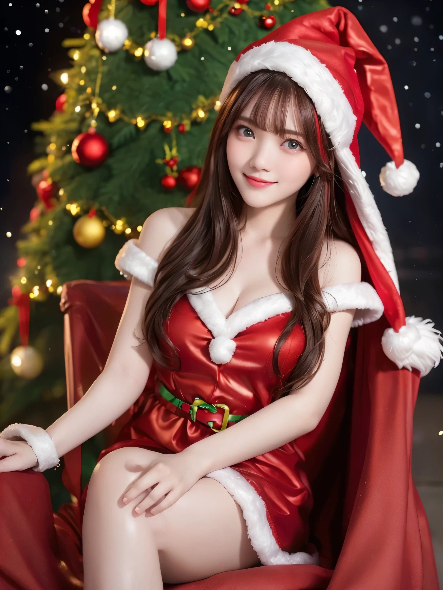  top quality、 super high resolution 、(Photographically: 1.4)、 beautiful eyes、 very beautiful in a chair 、 shiny hair 、Thin hair、 Merry Christmas 、 Christmas tree、smile、(( red Santa Claus costume 、Santa hat、Even bangs))