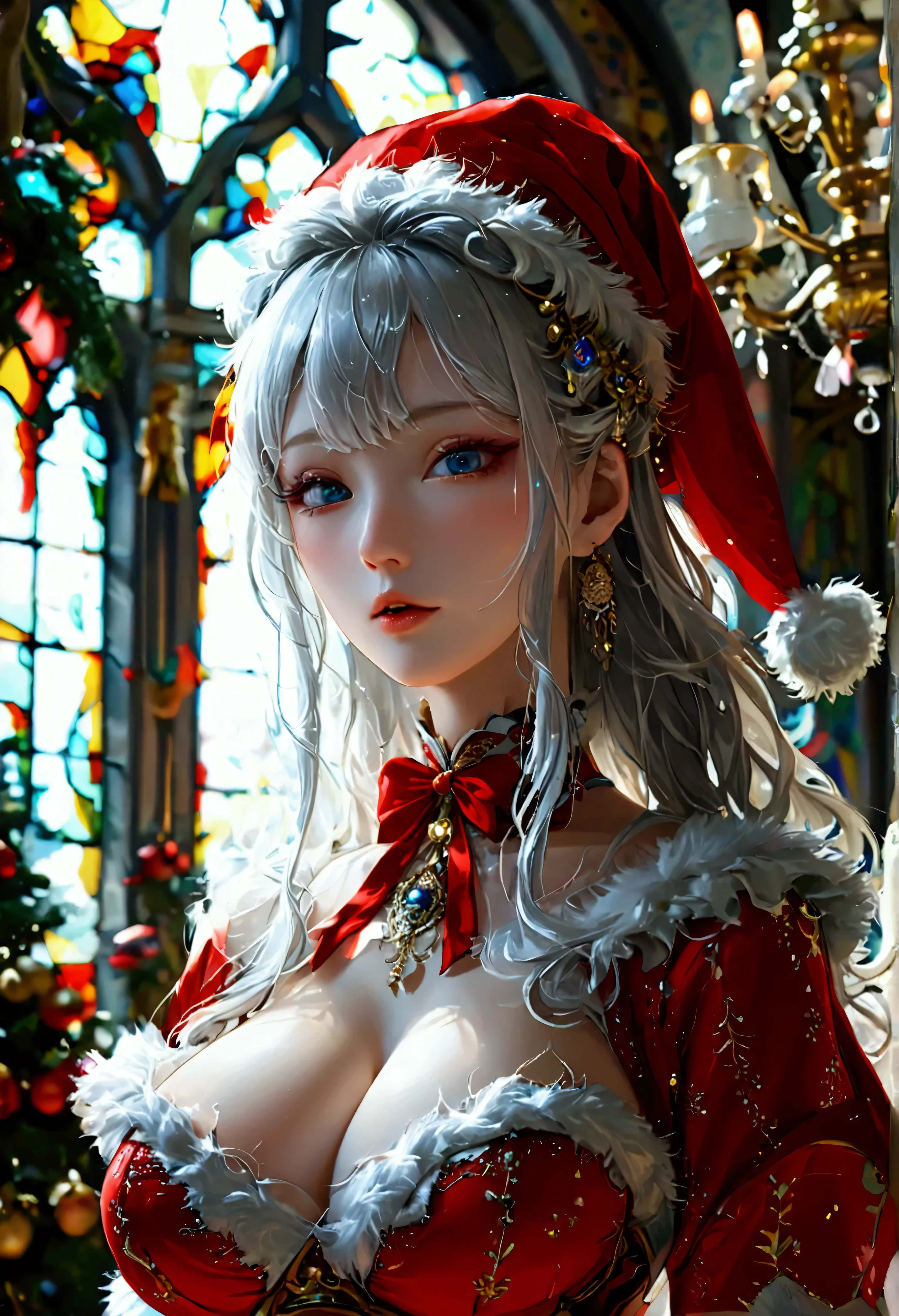 Highest quality, Super quality, 16K, Incredibly absurd, Very detailed, 2.5D, delicate and dynamic, palace, Stained glass, chandelier, Complex Light, , , , Small face, Extremely delicate facial expression, Delicate eye depiction, Extremely detailed hair, full body, erotic, sole sexy Japanese lady, healthy slim body, 22 years old lady, emperor,  ((large breasts:1.2), (huge breasts:1.2), (Uplifted and well-defined bust:1.2), (lifted chest:1.2), (perky breasts :1.2),(deep cleavage:1.4),, white silver long hair, sexy long legs, Glowing Skin, Soft Skin, wearing a christmas costume, A complex costume, Costumes in complex colors, Are standing, 