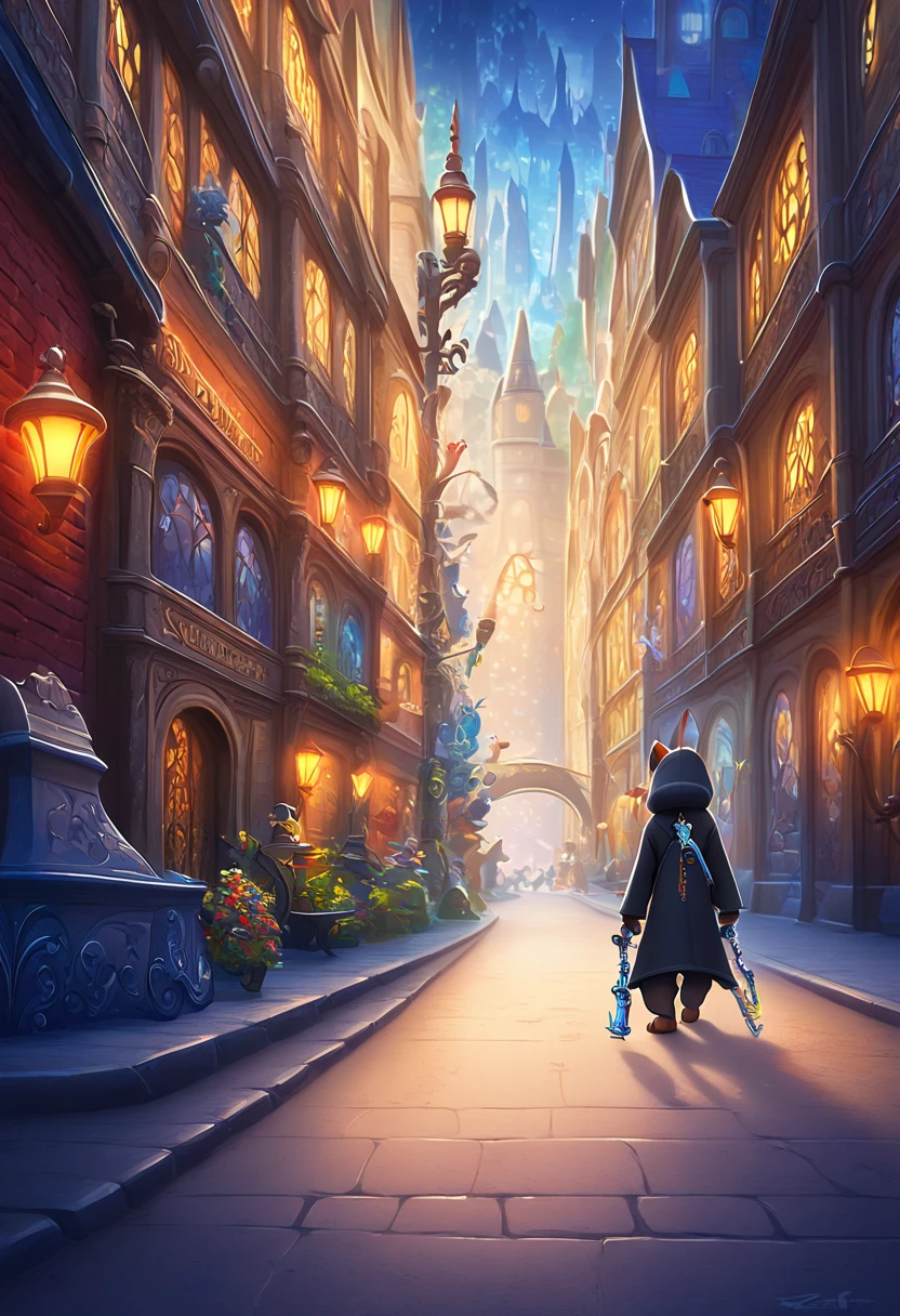 Nick the fox in Zootopia 、I'm walking quietly through the streets of Zootopia at night 、 walking quietly through the streets of Zootopia at night wearing a shiny black hood 、 from the XIII engine。 holding a keyblade in the Kingdom Hearts world 。 High Quality Images 。Kingdom Hearts painting style 。