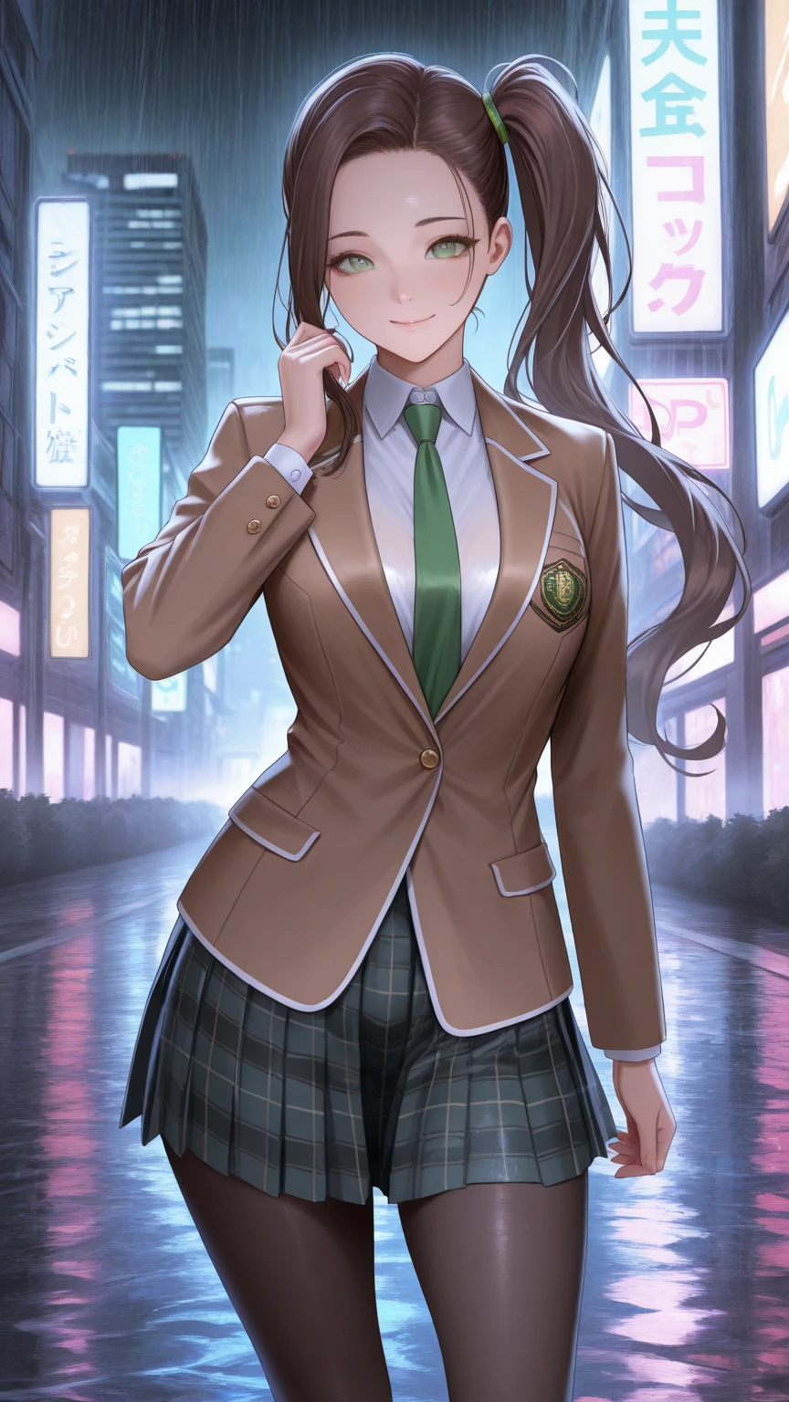 masterpiece, best quality,amazing quality, semi-realistic, ultra-detailed,Sharp Focus, Enhance colors to maximum saturation, high contrast, 1girl, detailed green eyes, slightly smile, detailed semi-long hair, dark brown silky hair,  forehead, sliced back hair, side ponytail, contrapposto, Captivating thighs, uniform, brown blazers, (hads in pocket, unbutton), Green tie, Plaid Pleated Skirt, black tights, rainy cyber city, at night