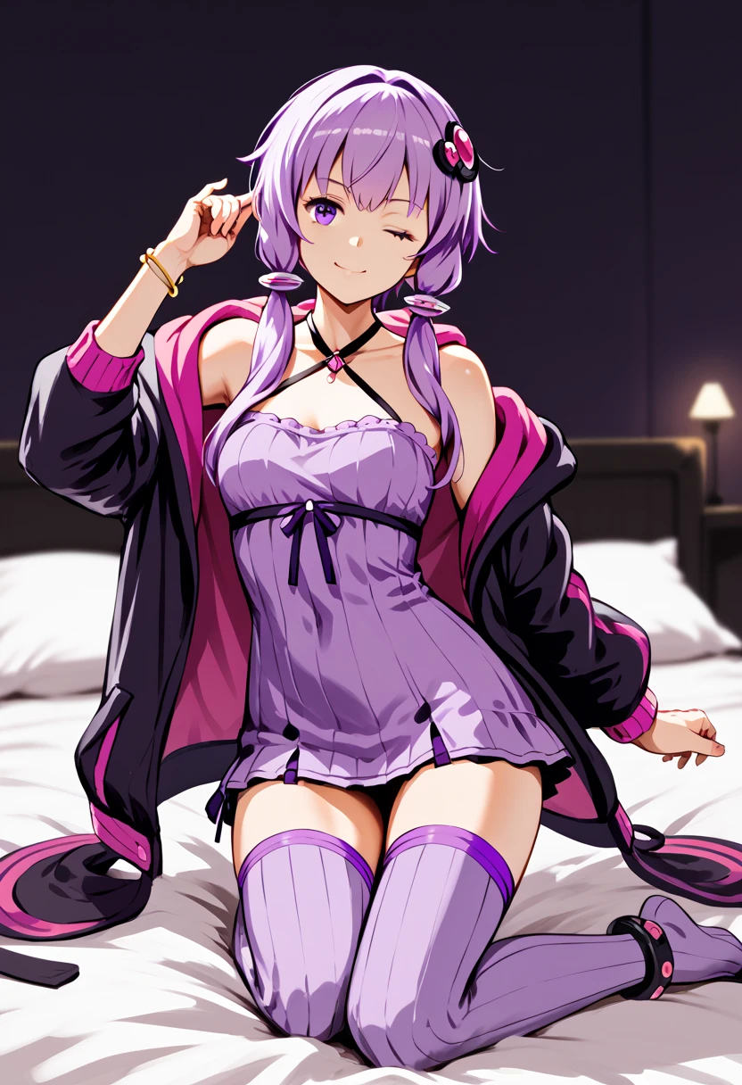 ((1girl)), nsfw, nude, one eye closed
dancing
on bed, light pink bed, dark room, yukari yuzuki, purple hair, purple eyes, short hair, sidelocks, short hair with long locks,
hair ornament, animal hood, anklet, black jacket, bracelet, crisscross halter, dress, purple dress, halter neck, hood, hood down, hooded jacket, hoodie, jacket, jewelry, micro dress, purple thigh-highs, rabbit hood, thigh-highs, zettai ryouiki,