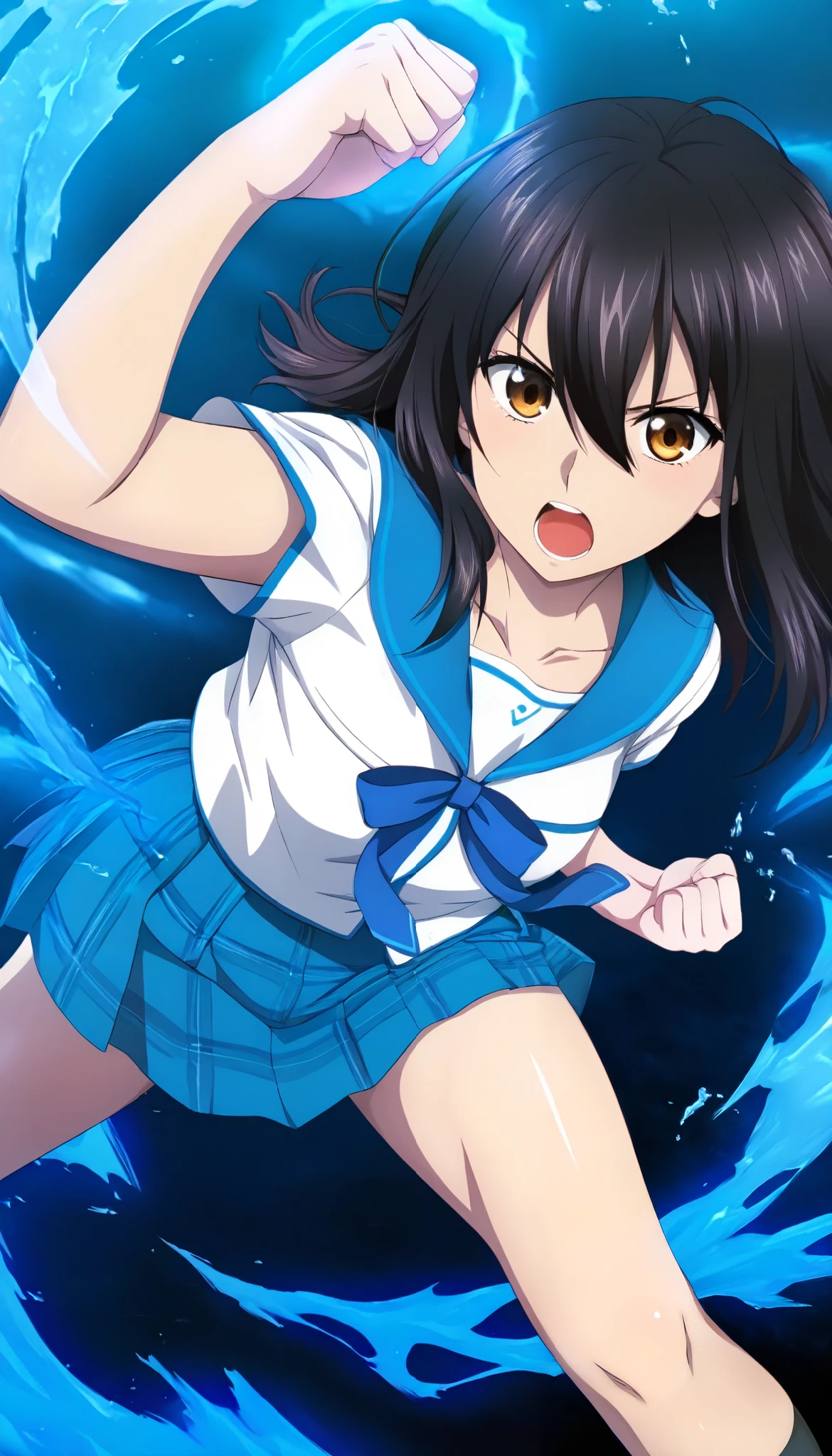 score_9, score_8_up, score_7_up, very aesthetic, source_anime, anime keyvisual, masterpiece, best quality, newest, 1girl, solo, shiny hair, shiny_skin,
simple background, water enveloping, blue aura, neolight, 
foreshortening, dutch angle, high kick, dynamic pose, serious, open mouth, preparing to fight, fighting stance,
yukina, school uniform, serafuku, collarbone, short sleeves, blue miniskirt, pleated skirt,
beautiful legs, low-angle-view, looking at viewer, zPDXL