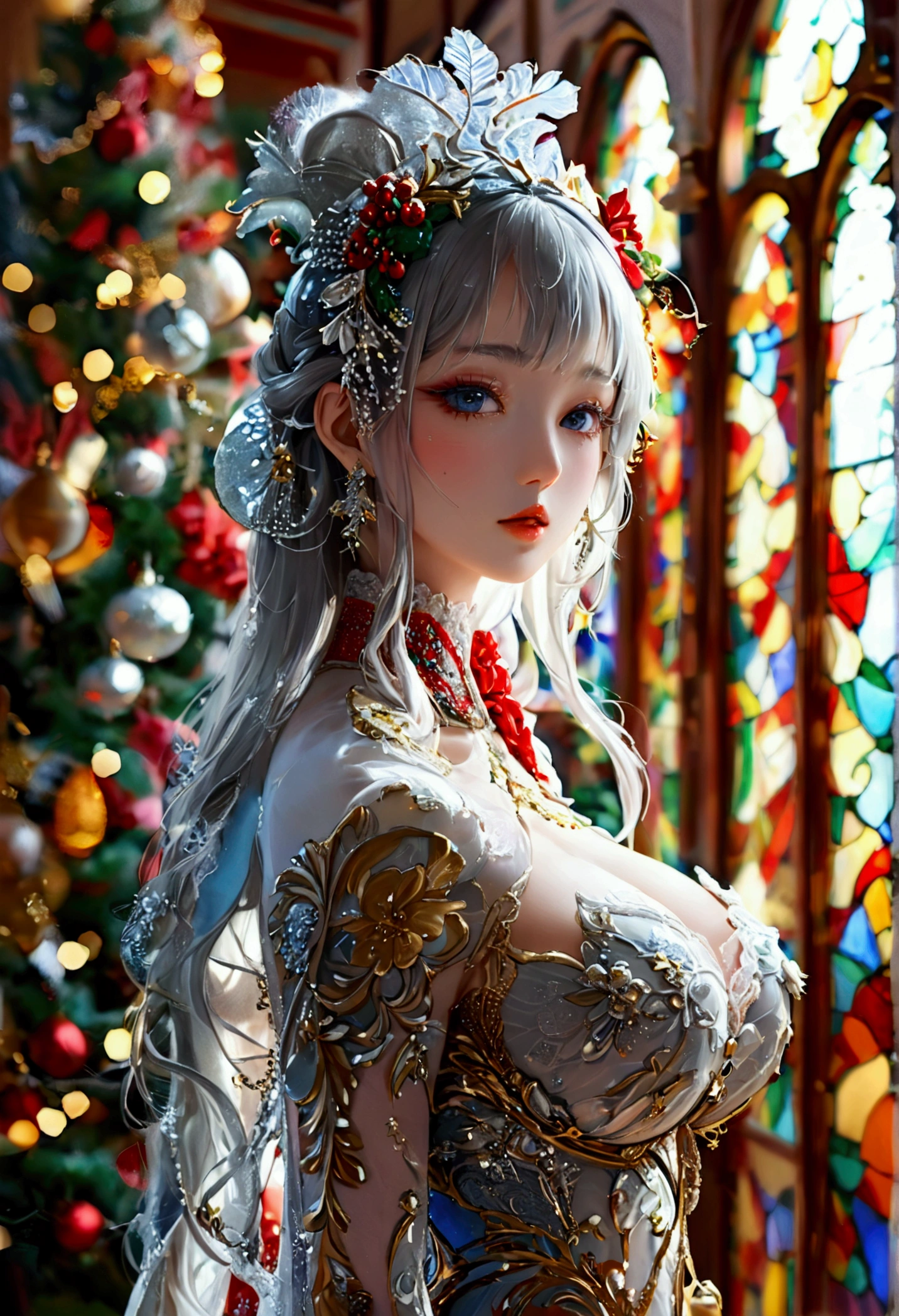 Highest quality, Super quality, 16K, Incredibly absurd, Very detailed, 2.5D, delicate and dynamic, palace, Stained glass, chandelier, Complex Light, , , , Small face, Extremely delicate facial expression, Delicate eye depiction, Extremely detailed hair, full body photo, erotic, sole sexy Japanese lady, healthy slim body, 22 years old lady, emperor,  ((large breasts:1.2), (huge breasts:1.2), (Uplifted and well-defined bust:1.2), (lifted chest:1.2), (perky breasts :1.2),(deep cleavage:1.4),, white silver long hair, sexy long legs, Glowing Skin, Soft Skin, wearing a christmas costume, A complex costume, Costumes in complex colors, Are standing, 