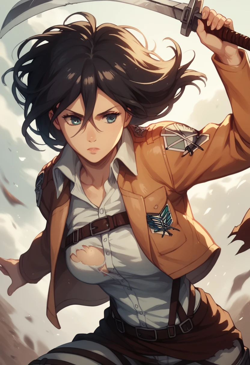 Mikasa fighting ,  with her sword in her hand ,  the part of her breasts are visible since her blouse and vest are torn on the part of her bust, visible breasts. 