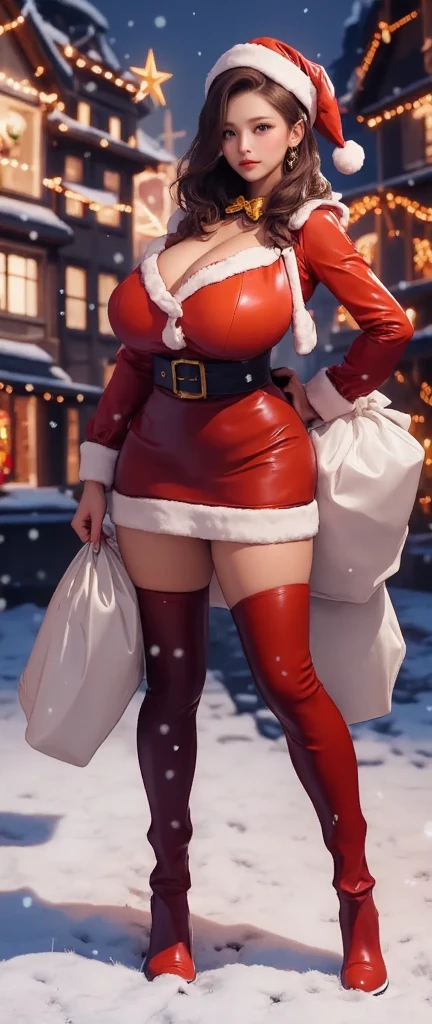 (Conceptual image board:1.3), ((matured girl wearing Sexy Santa clause costume with far:1.3, red dress with green, holding a present box in both hands:1.2, close to viewers:1.2)), a matured woman with long black hair and a red outfit, red winter coat with bore, scarfs, green ribbon tie, knee length long boots, red and green winter outfits, holding present box with wrapping by ribbon:1.5, Christmas tree decorated with many ornaments:1.2, white bags on a sled, wearing red pencil skirt, Arabic, bodyesbian, fine details, beautiful anime illustration, 28 years old, (milf:1.3), (solo:1.5), (sfw:1.25), (sagging breast, fuge breasts, big tits, thin waist, big ass:1.2), Raised sexy, (dark mahogany medium short hair, updo, hair over one eye, asymmetric hair, Carly hair, low tied braids), (musulman, white Headscarfs, hair bands, head vandage, Turban), (ultra high resolution, 8K RAW photo, photo realistics, thin outline:1.3, clear focuest qualtiy, cinematic lighting, textile shading, blurry back ground, field of depth, bokeh, (Bright pupils, fine detailed beautiful eyes with highlight:1.3, super detailed eyes, high detailed face), Red lip, fine realistic skins:1.1, looking at viewers:1.3, (dynamic angle:1.3, full body:1.3, front view:1.1, tigh focus:1.3, from below:1.2), (dynamic posing:1.5, sexy posing:1.2, sitting with holding knees:1.3, leaning forward:1.2), (seductive, shy happy smile:1.4), centered image, (wearing red long coat with bore and clotheare breast:1.37)), gold ornaments, rolling red clothes around waist, dark red long leather boots:1.3, translucent white lace pantyhose), (((correct anatomy:1.5, perfect hands:1.5, ideal ratio body proportions:1.37))), (in a night:1.3), (indoors:1.2, in front of fireplace:1.3),