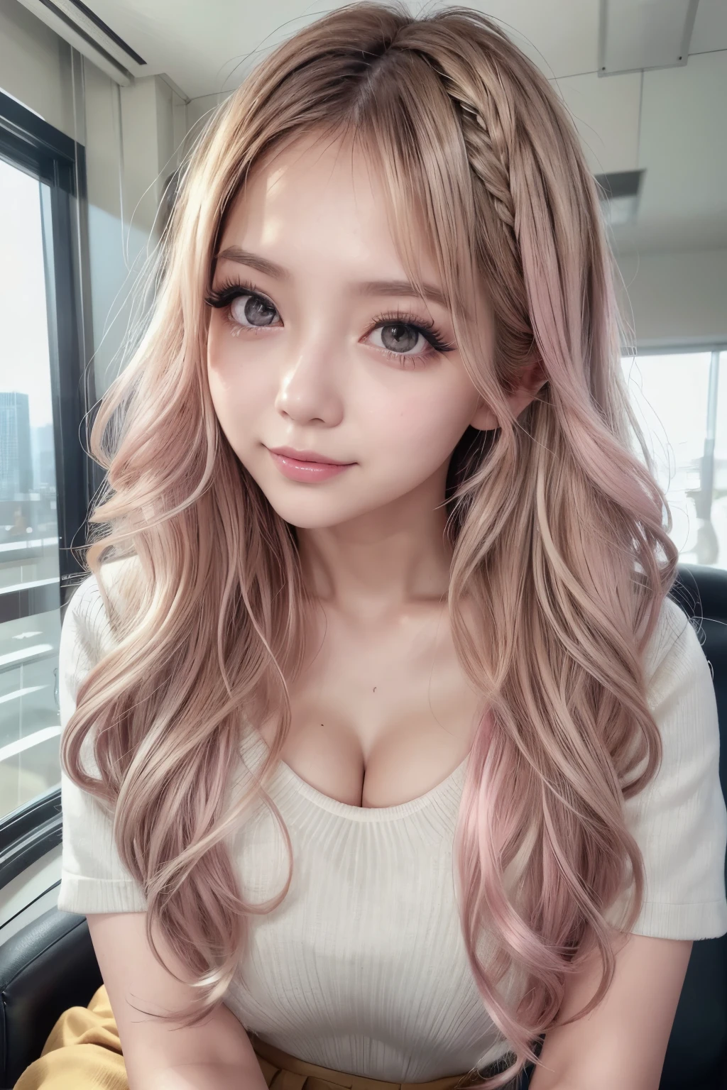 hair color: pink　model　woman　Long Hair　Sleeveless　pink clothes　diagonal　Selfie　diagonal上　Selfie　summer　