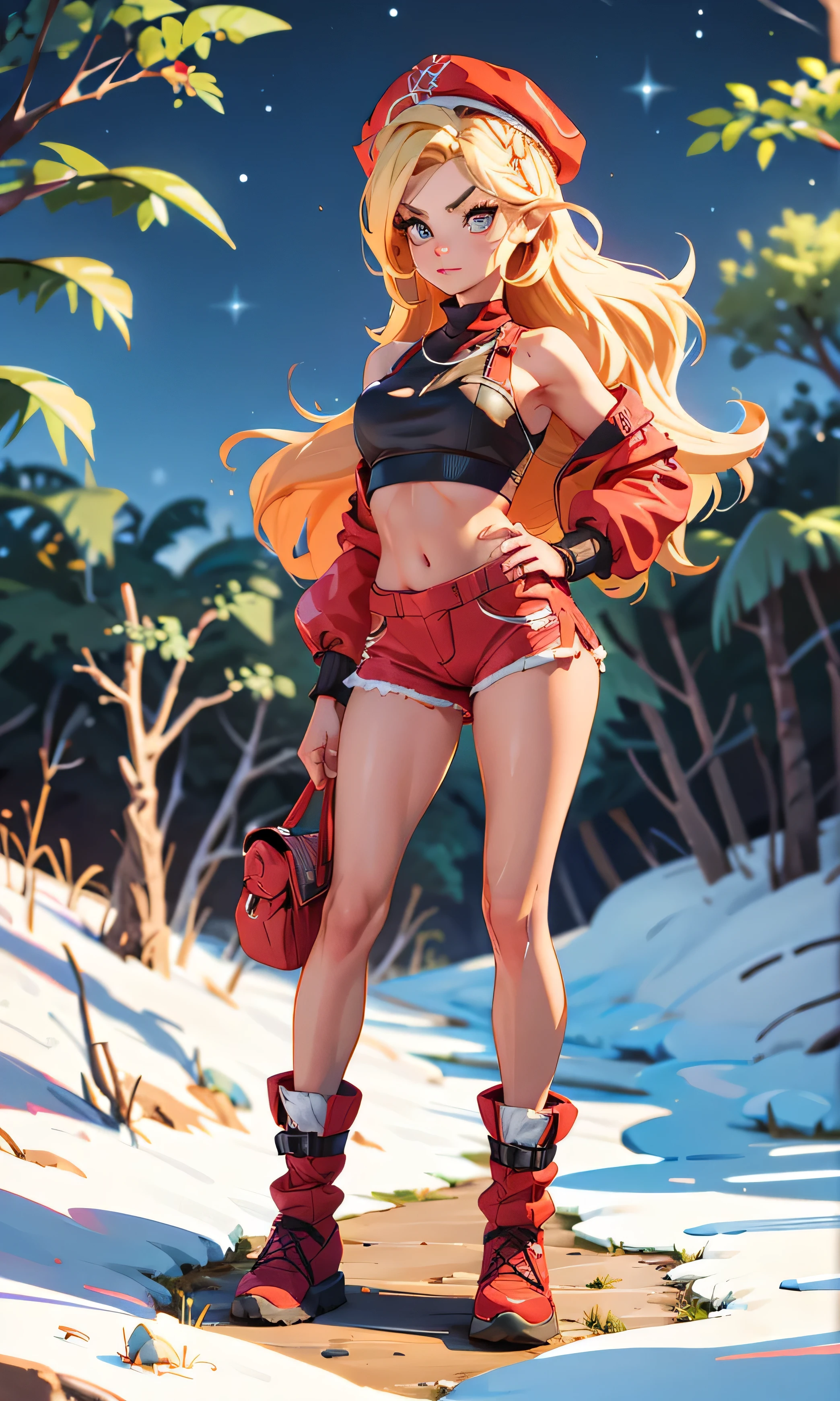 Masterpiece, 1 girl, beautiful, slim, head on, looking at the spectator, long hair, blond hair , brown eyes, arched eyebrows , Full body , pretty legs, abdomen plano, Kpop outfit , wool cap, Red micro top , Crop top, bare shoulders, neckline, Ripped top , red shorts, red winter boots, (((desnuda))), in the woods, dark sky, dry trees ,