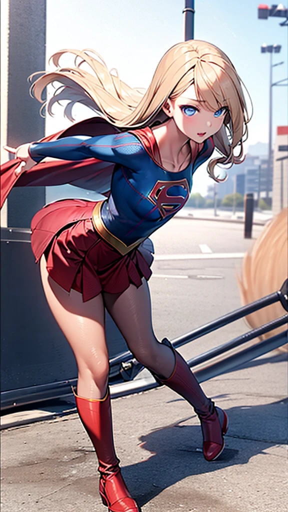 masterpiece, best quality, absurdists, perfect anatomy, 1girl, solo, Kjera, short blonde hair, hair flaps, baseball cap, graphic t-shirt with superman letter S on chest, jean shorts, pantyhose under shorts, sit, stairs, outdoor, city, dutch angle, smile
