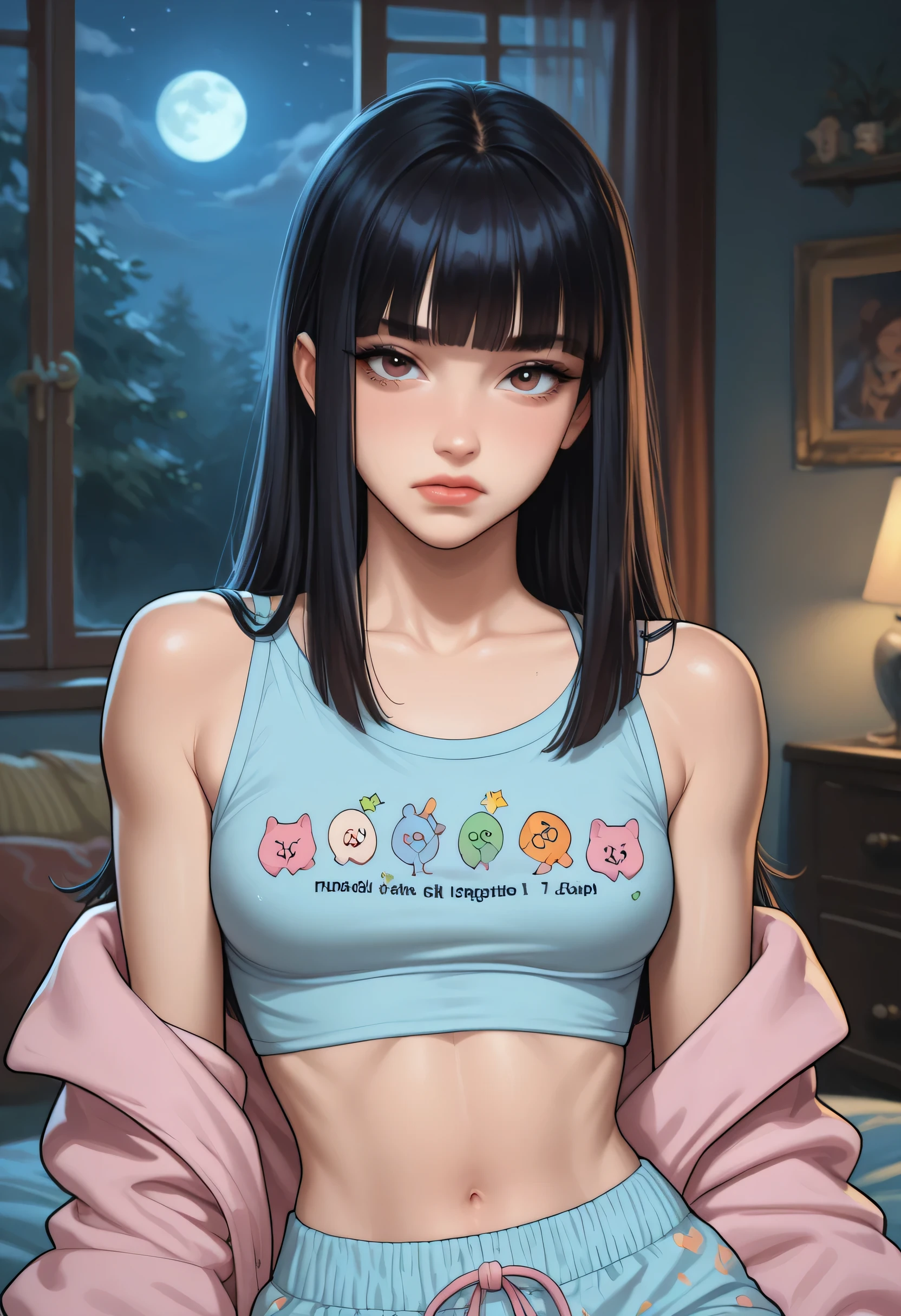 1girl, pastel colores pajama topped crop, DARK HAIR, hime cut, looking at viewer, livingroom back. (Slim Body), portrait. (NIGHT:1.4), (submissive:1.6)