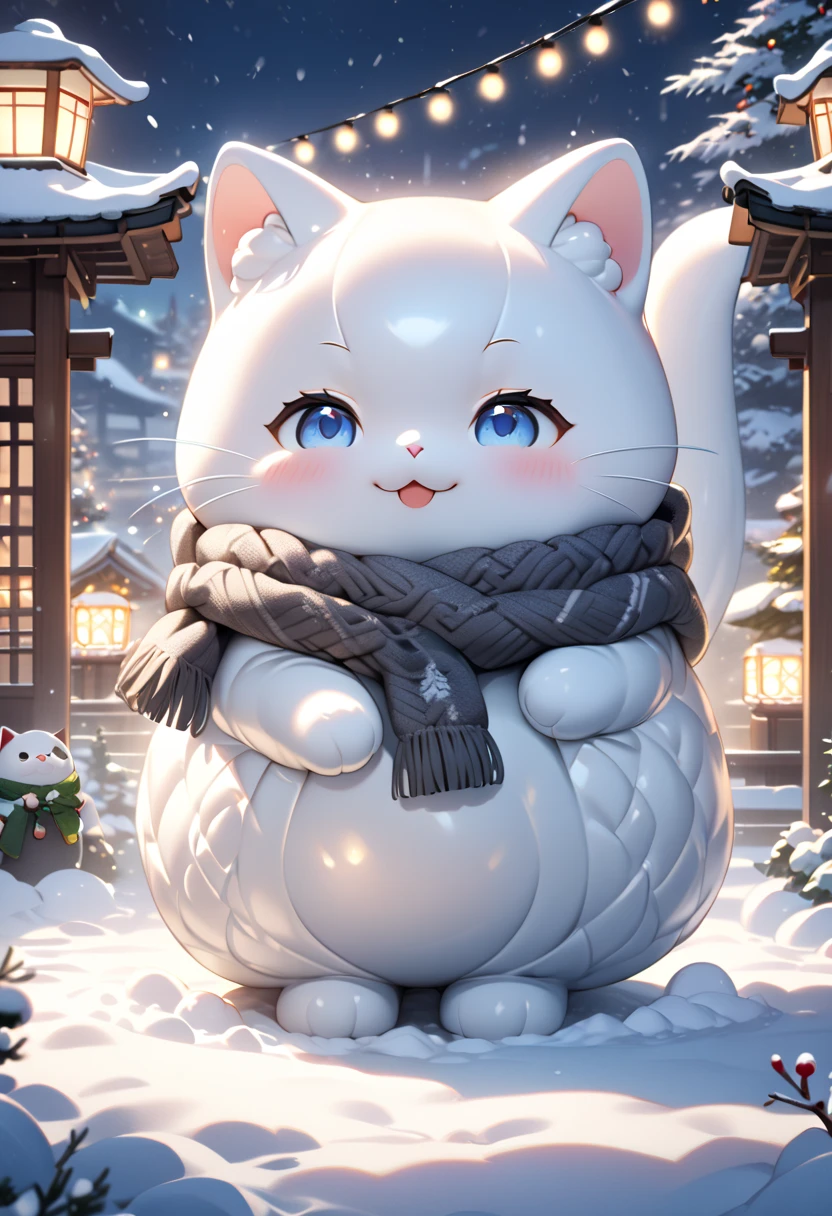 (masterpiece), (ultra-detailed, best quality, clear focus, dramatic scene, cinematic), shadow, (ultra-high resolution, 8k), perfect anatomy, perfect face, (detailed face), (detailed eye), (chibi), cute Japanese chibi girl, famous Japanese chibi idol, very beautiful and cute and cool face, (wearing an sporty winter clothing with scarf and gloves:1.2), knit cap, (large breasts), (She is enjoying playing the snow with her cats:1.3), in front of the gorgeous gate of her Japanese home, snow covered, deep snow, stormy, she is showing smile, dynamic angle, (There is a giant white cat statue and a giant black cat statue with Christmas illumination:1.3), professional lighting, (detailed very cute fluffy giant cats:1.3), they looks so happy, happy smile, (gorgeously decorated Christmas tree with shining Christmas lights),