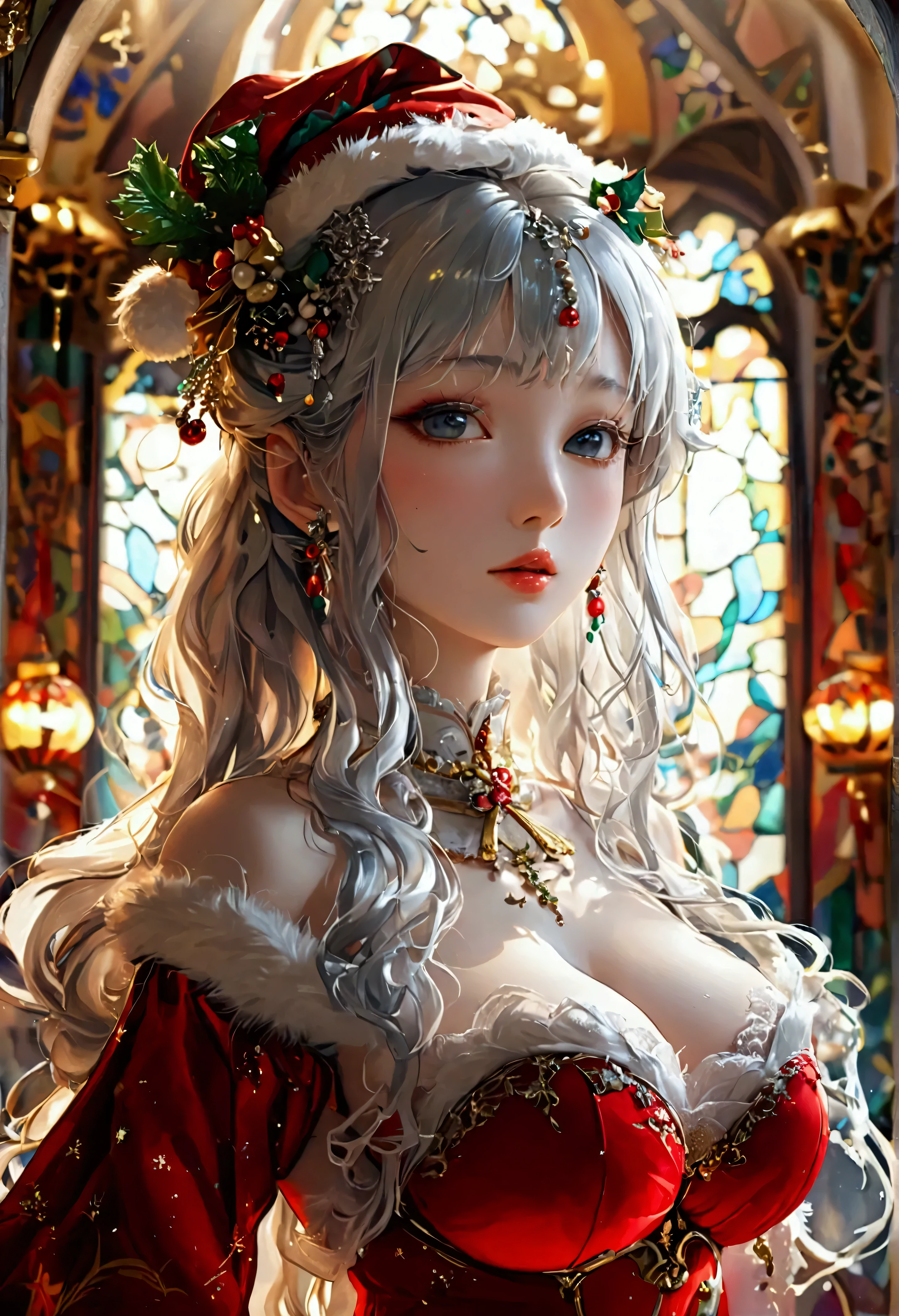 Highest quality, Super quality, 16K, Incredibly absurd, Very detailed, 2.5D, delicate and dynamic, palace, Stained glass, chandelier, Complex Light, , , , Small face, Extremely delicate facial expression, Delicate eye depiction, Extremely detailed hair, full body photo, erotic, sole sexy Japanese lady, healthy slim body, 22 years old lady, emperor,  ((large breasts:1.2), (huge breasts:1.2), (Uplifted and well-defined bust:1.2), (lifted chest:1.2), (perky breasts :1.2),(deep cleavage:1.4),, white silver long hair, sexy long legs, Glowing Skin, Soft Skin, wearing a christmas costume, A complex costume, Costumes in complex colors, Are standing, 