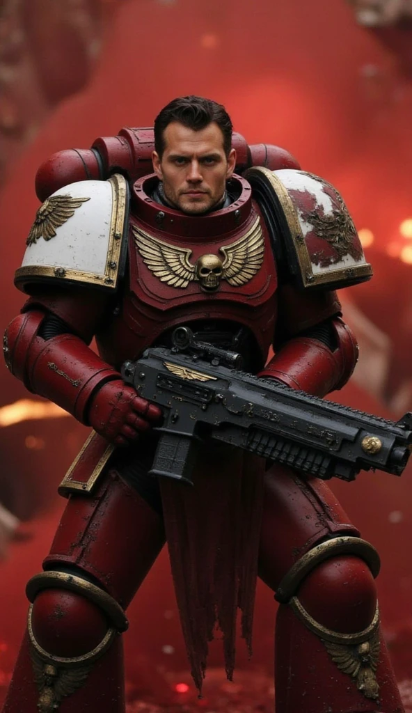 henry cavill in huge bulky suit space marine holding a huge gun , shouting,  armored in white and red, warhammer 40k, beautiful eyes, blush, looking at viewer, bright red particles, red background fire