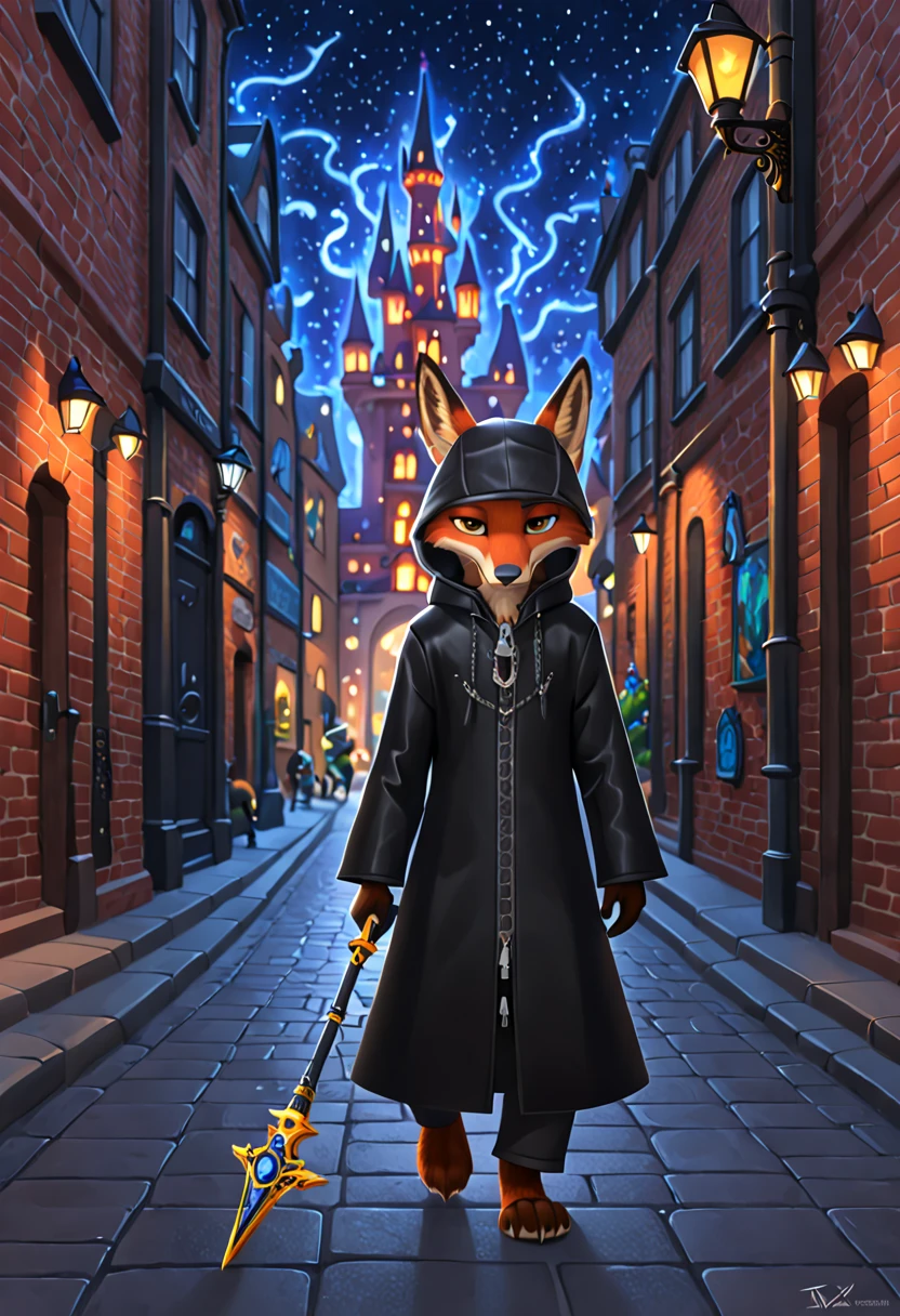 Nick the fox in Zootopia 、I'm walking quietly through the streets of Zootopia at night 、 walking quietly through the streets of Zootopia at night wearing a shiny black hood 、 from the XIII engine。 holding a keyblade in the Kingdom Hearts world 。 High Quality Images 。Kingdom Hearts painting style 。