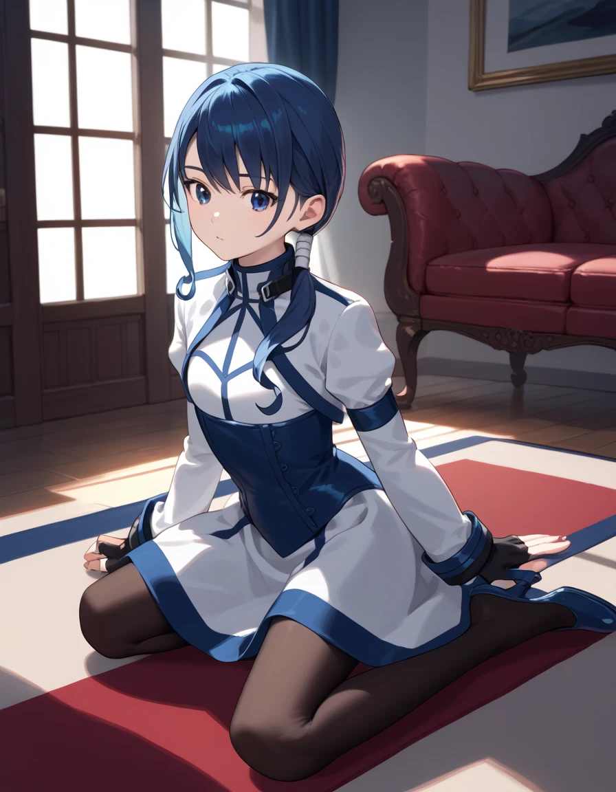 score_9, score_8_up, score_7_up, score_6_up, score_5_up, score_4_up, source_anime, flat chest, aamerry, long hair, low ponytail, blue hair, blue eyes, white dress, long sleeves, fingerless gloves, black gloves, underbust, black pantyhose, on floor, indoors, :o, carpet,