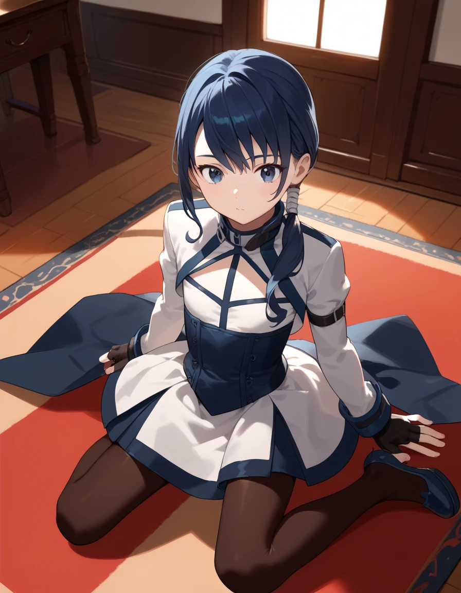 score_9, score_8_up, score_7_up, score_6_up, score_5_up, score_4_up, source_anime, flat chest, aamerry, long hair, low ponytail, blue hair, blue eyes, white short dress, long sleeves, fingerless gloves, black gloves, underbust, black pantyhose, on floor, indoors, :o, carpet, white lace panties, Stretch leg, sitting,