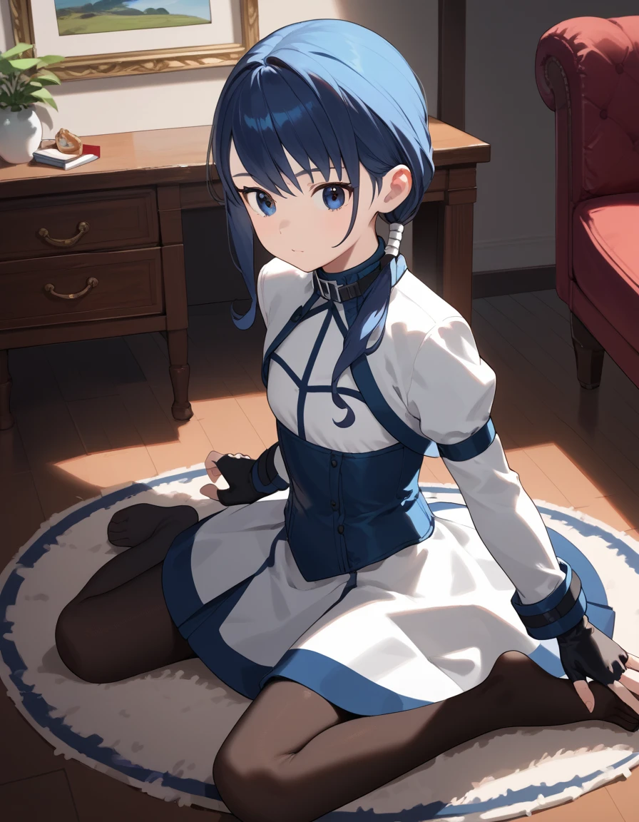 score_9, score_8_up, score_7_up, score_6_up, score_5_up, score_4_up, source_anime, flat chest, aamerry, long hair, low ponytail, blue hair, blue eyes, white dress, long sleeves, fingerless gloves, black gloves, underbust, black pantyhose, on floor, indoors, :o, carpet,