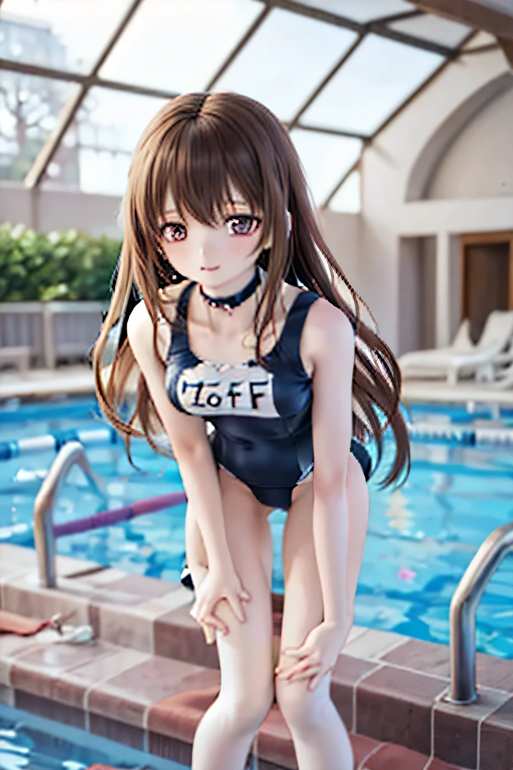 (SFW:2), photorealistic, realistic photo, 8k, ((highest quality)), ((masterpiece)), (extremely detailed), kukolnydom, doll, (mature woman, 21yo, 2, solo, raincoat, competition swimsuit, poolside:1.6), ((cowboy shot, standing, slim, slender, skinny, medium breasts, hairband)), (parted lips, green eyes, brown hair, long hair, plastic skin, looking at another, glass eyes, gradient eyes, shining eyes, detailed eyes:1.3)