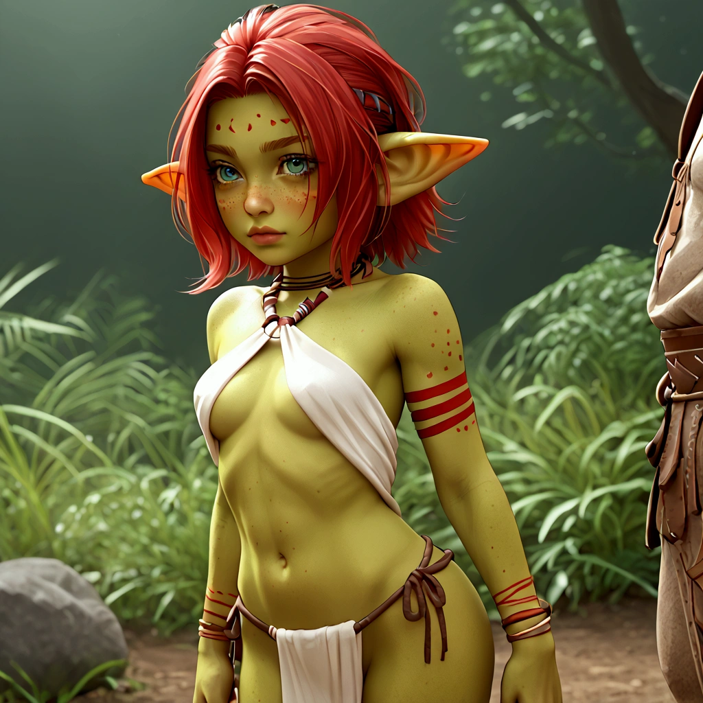 Red-haired goblin girl, green skin, pointy ears, rpg, tribal clothes, small breasts, tribepaint, red_bodypaint