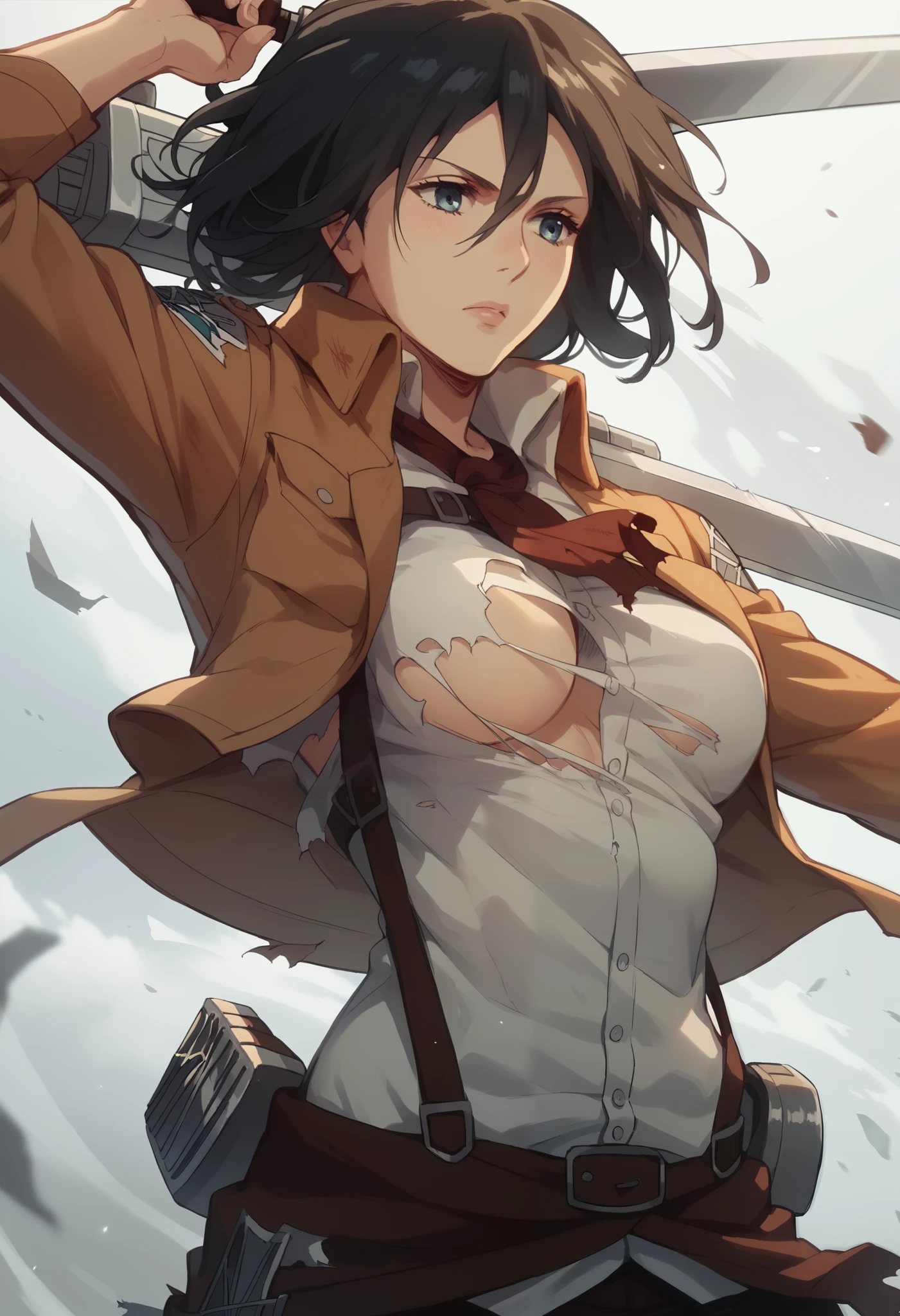 Mikasa fighting ,  with her sword in her hand ,  the part of your breasts are visible because your blouse and vest are torn on the part of your bust, visible breasts. 