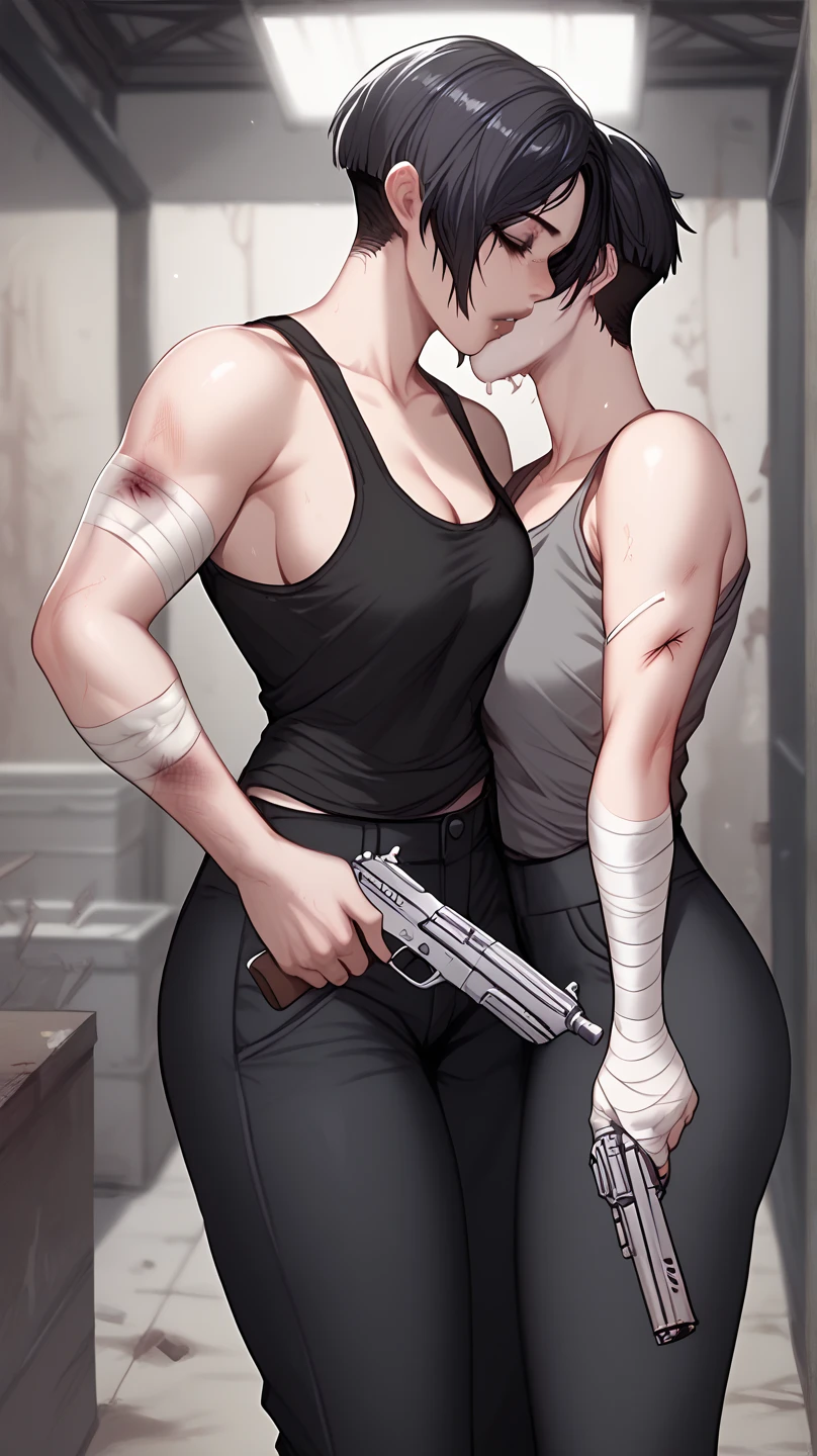 A mean looking female zombie killer, wearing a black tank top and black cargo pants, holding a gun with two hands, black short hair, inside an abandoned building, bandage on arm, bruises. 