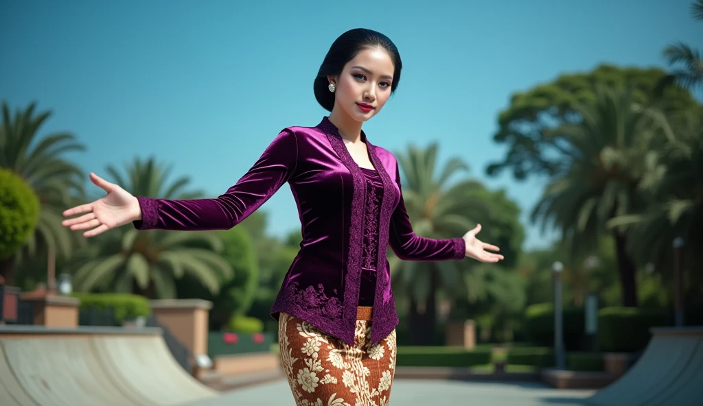 a beautiful young beautiful woman playfully skateboarding in a skate park setting. She is wearing an intricate dark purple glossy satin kebaya with lace embroidery patterns along the front and sleeves, paired with a traditional brown and cream batik thigh skirt with complex floral and geometric designs. Her hair is styled in a neat and polished low bun with a center part, and she has a calm, confident expression with makeup featuring bold red lips and perfectly defined eyebrows. She is wearing elegant silver or pearl earrings. The background consists of a tropical garden park under blue sky atmosphere. The overall image has realistic detailing, soft shadows, and vibrant color contrast.
